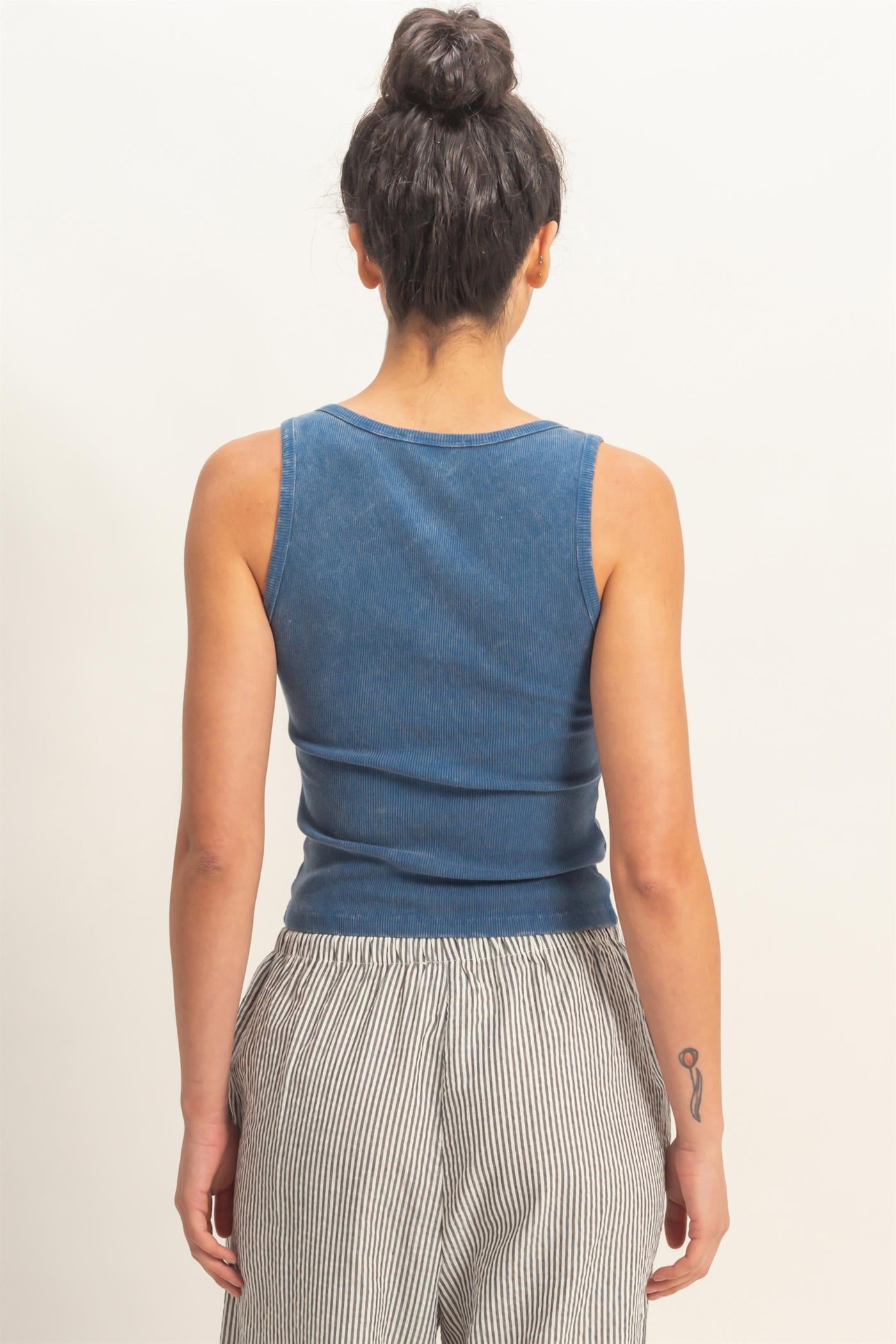 Wholesale Acid Washed Henley Ribbed Tank Top Tank Tops DZ26C661 NAVY DOUBLE ZERO