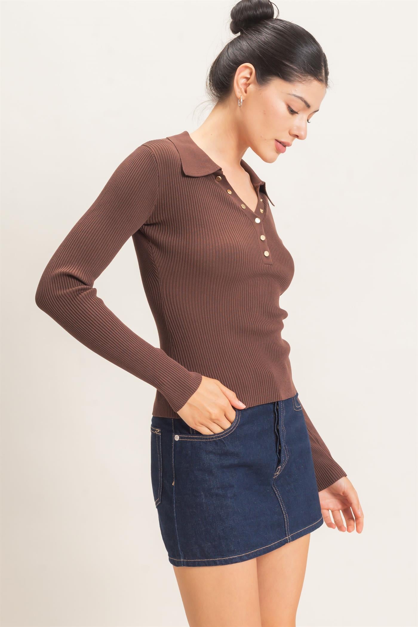 Wholesale Ribbed V-Neck Sweater With Collar Clothing Tops HF26E684 BROWN HYFVE