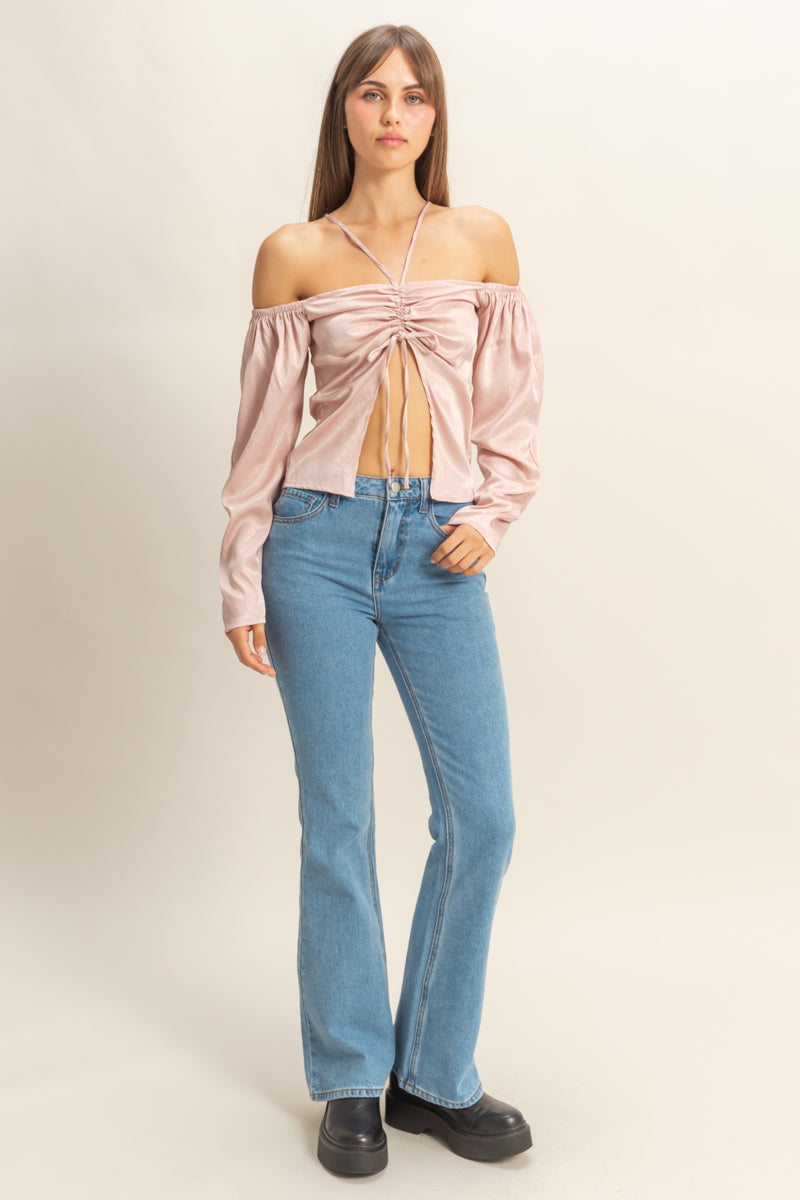 Wholesale Tie-Front Off-Shoulder Blouse Clothing Tops FS22E859 MAUVE HYFVE