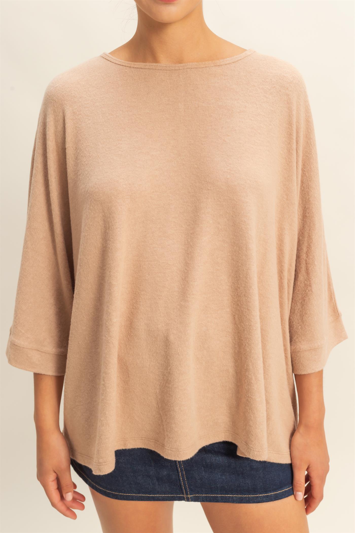 Wholesale Batwing 3/4 Sleeve Oversized Top Clothing Tops DZ25E133 DARK TAUPE DOUBLE ZERO