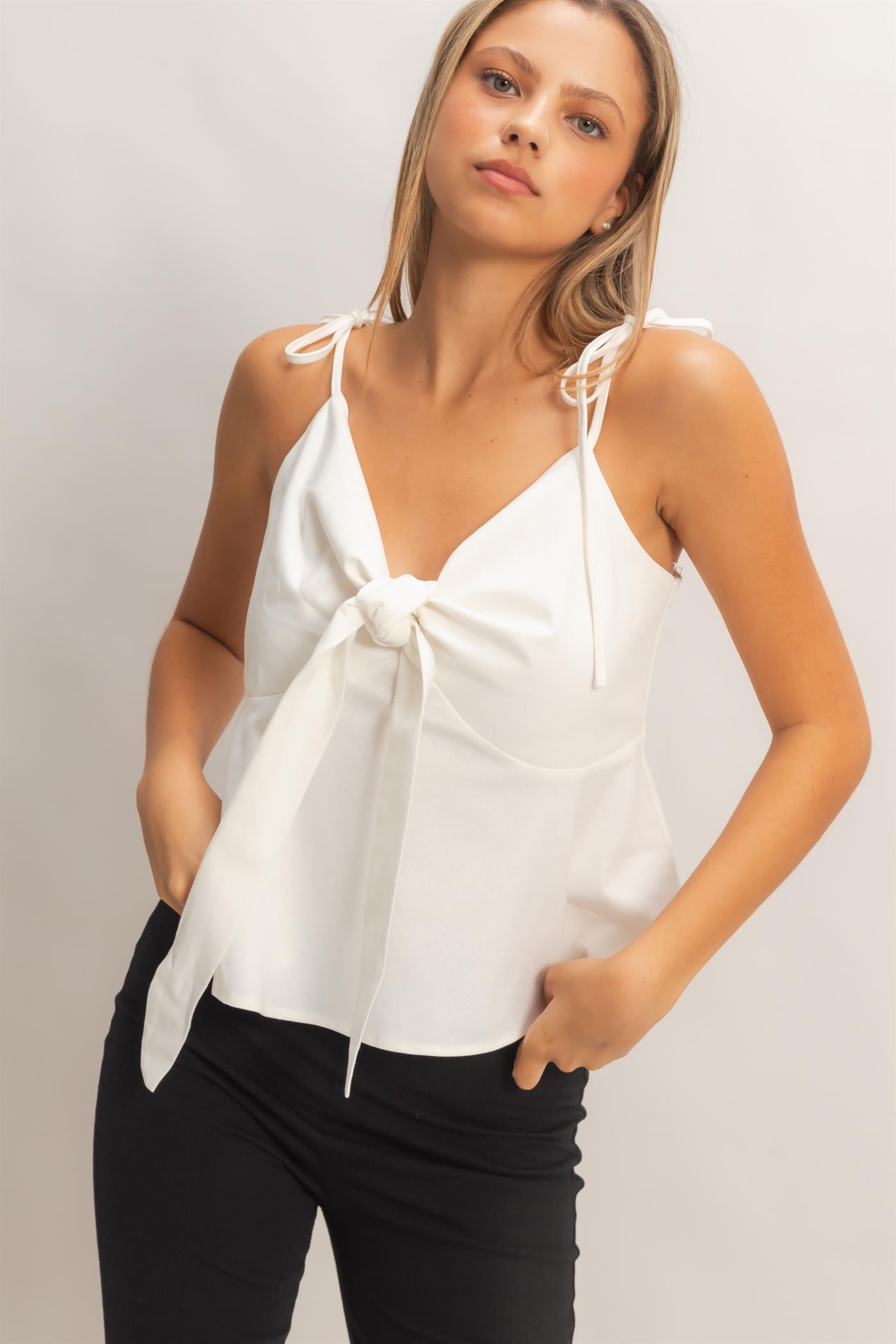 Wholesale Tie Front Spaghetti Strap Top Clothing Tops HF26A339 IVORY HYFVE