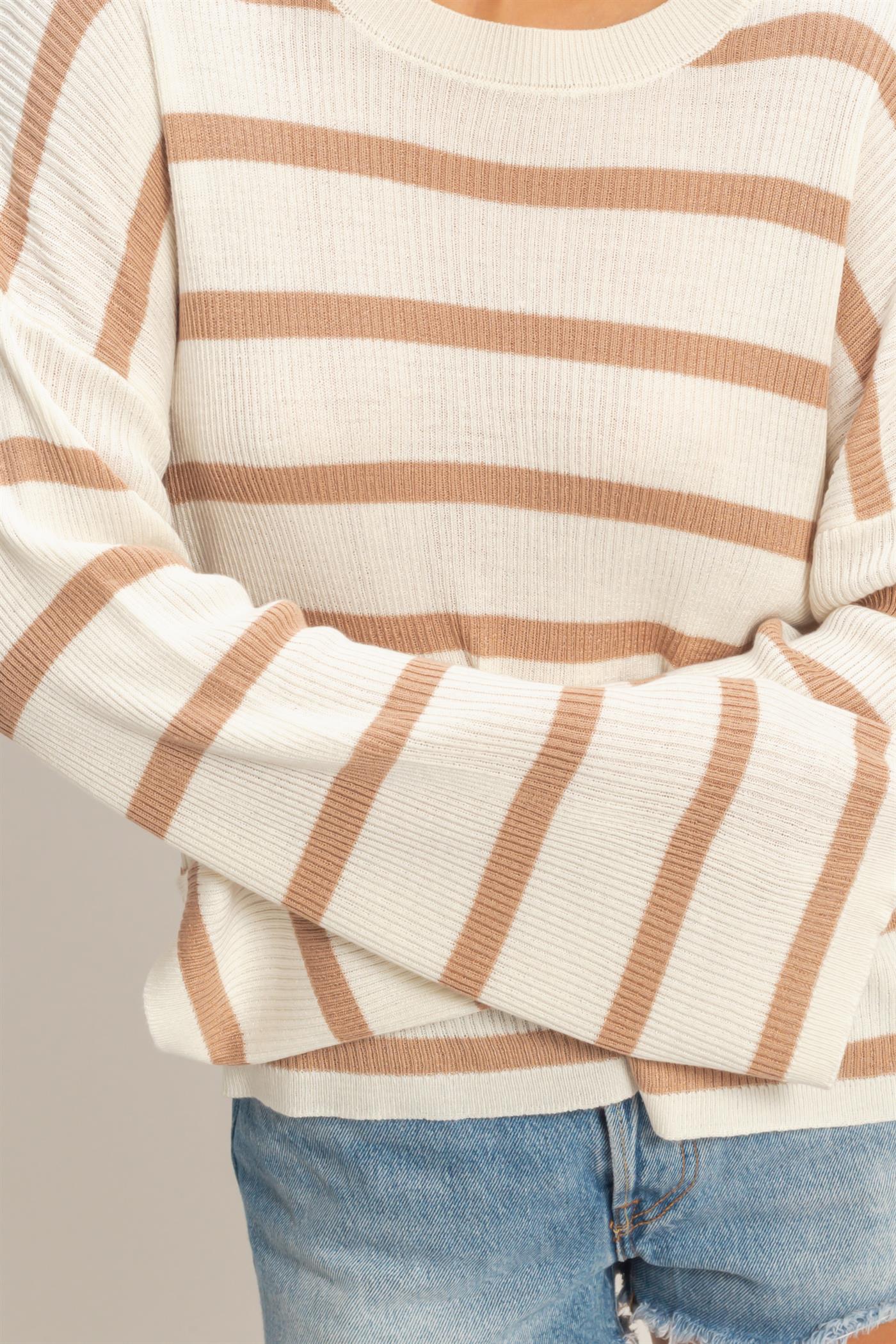 Wholesale Lightweight Wide-Sleeve Striped Sweater Clothing Tops DZ26A329 DARK TAUPE DOUBLE ZERO