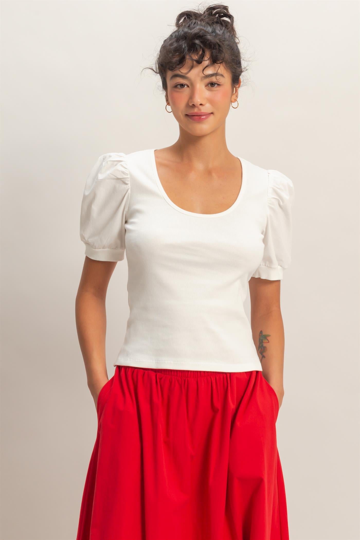 Wholesale Ribbed Puff Sleeve Scoop Neck Top Clothing Tops DZ26C071 WHITE DOUBLE ZERO