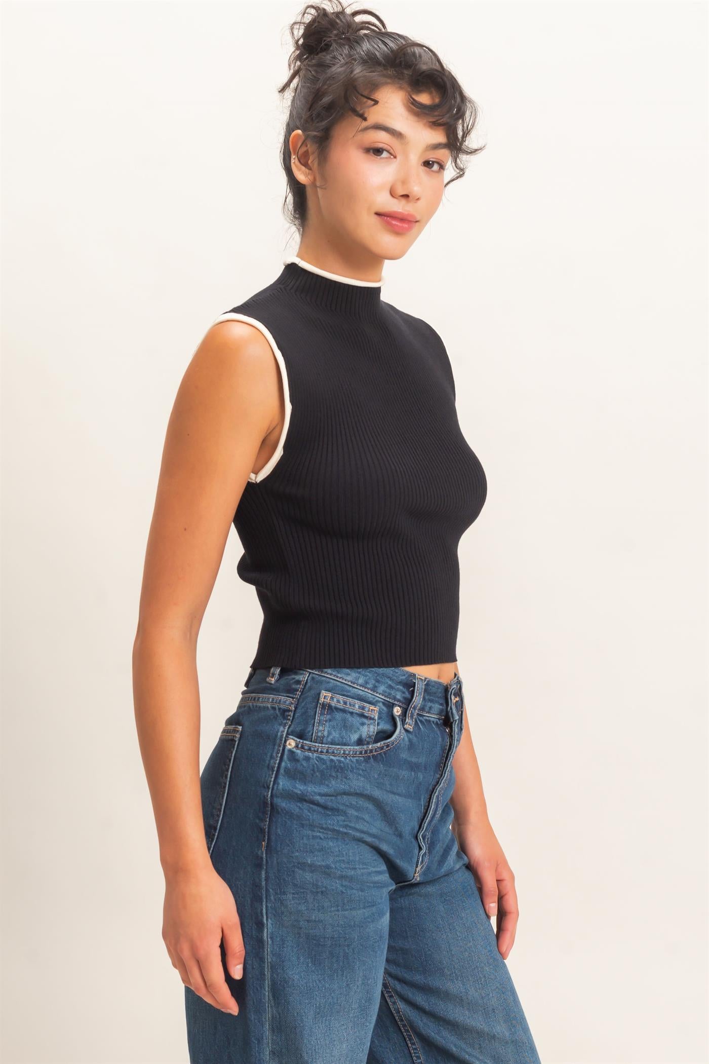 Wholesale Ribbed Mock Neck Sleeveless Top Clothing Tops DZ26E777 BLACK DOUBLE ZERO