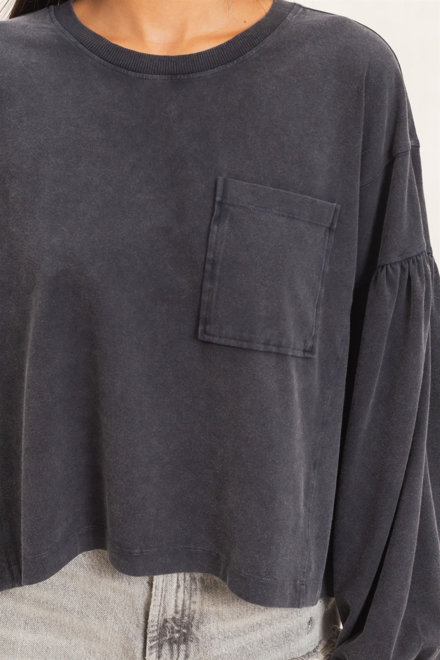 Wholesale Mineral Wash Puff Long Sleeve Boxy Top Clothing Tops DZ26F402 BLACK DOUBLE ZERO