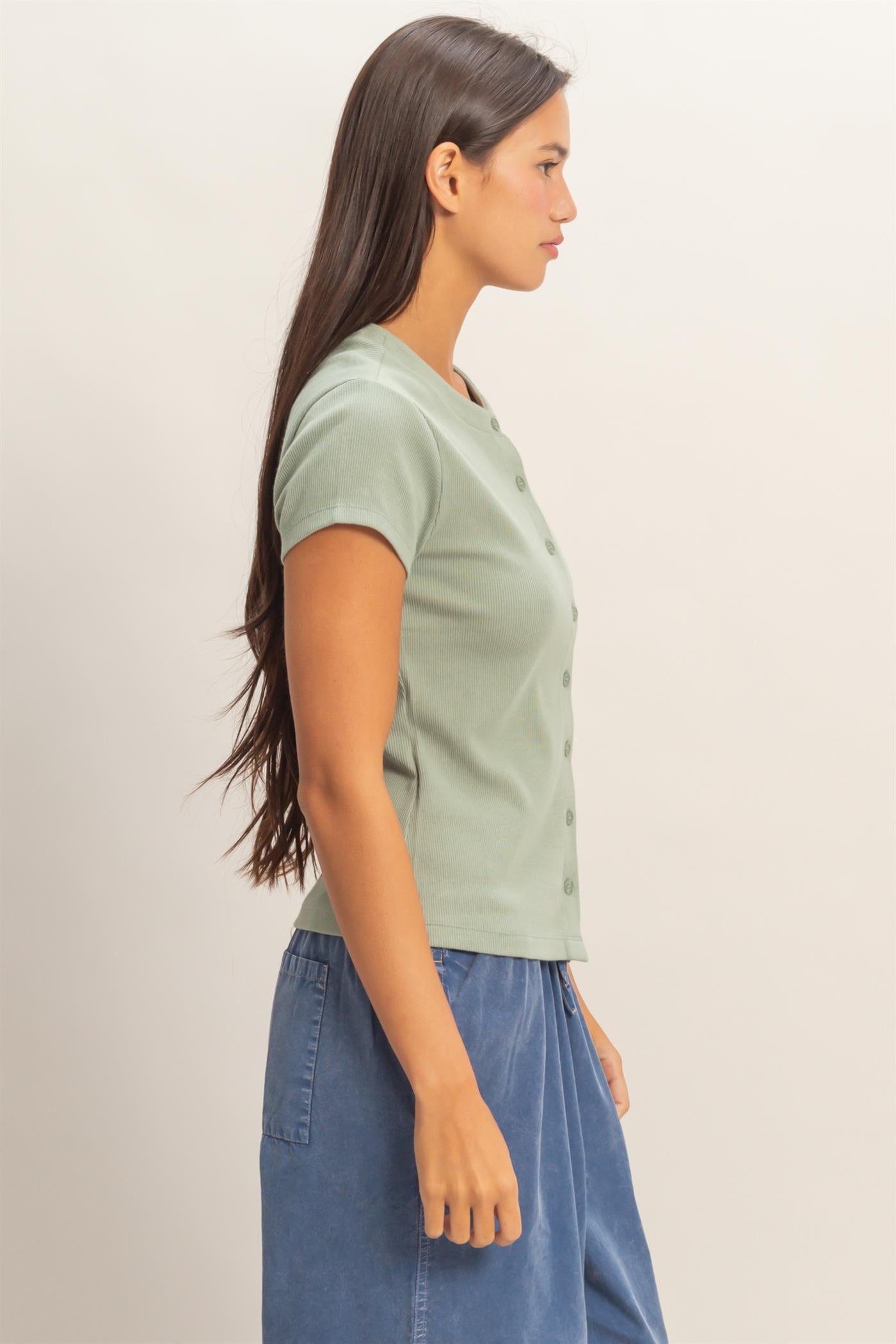 Wholesale Ribbed Button-Front Crew Neck Top Clothing Tops DZ26A727 SAGE GREEN DOUBLE ZERO