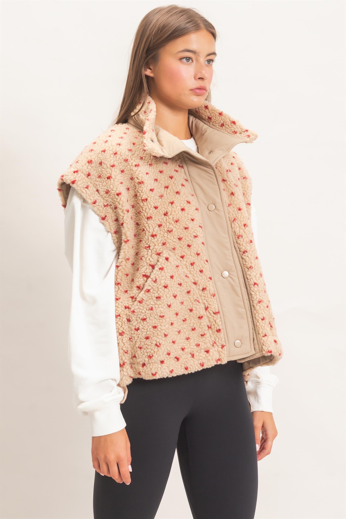 Wholesale Polka Dot Sherpa Vest Outerwear DZ26F260 RED DOUBLE ZERO