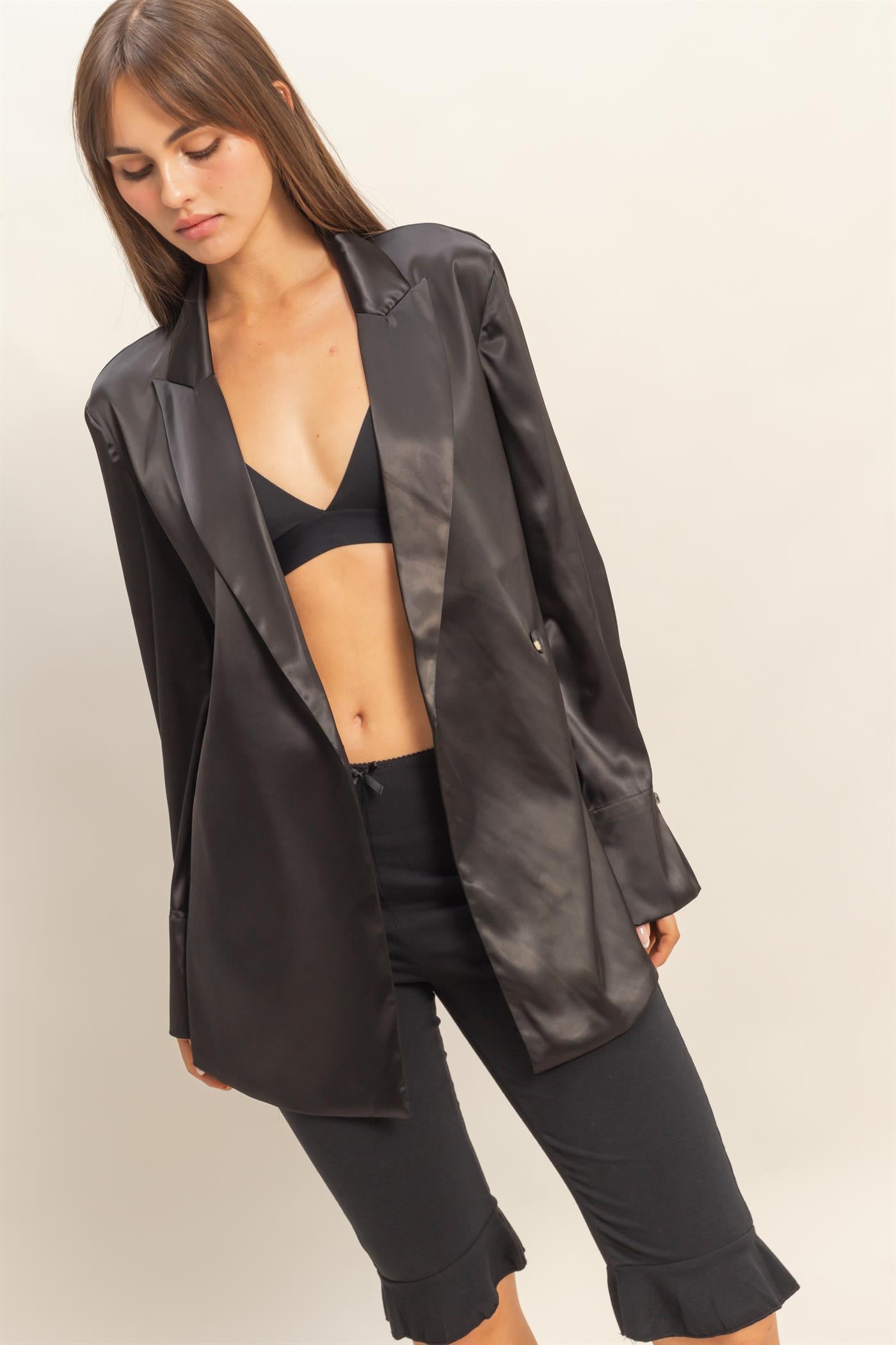 Wholesale Satin Long Sleeve Blazer Coats & Jackets HF23G242 BLACK HYFVE