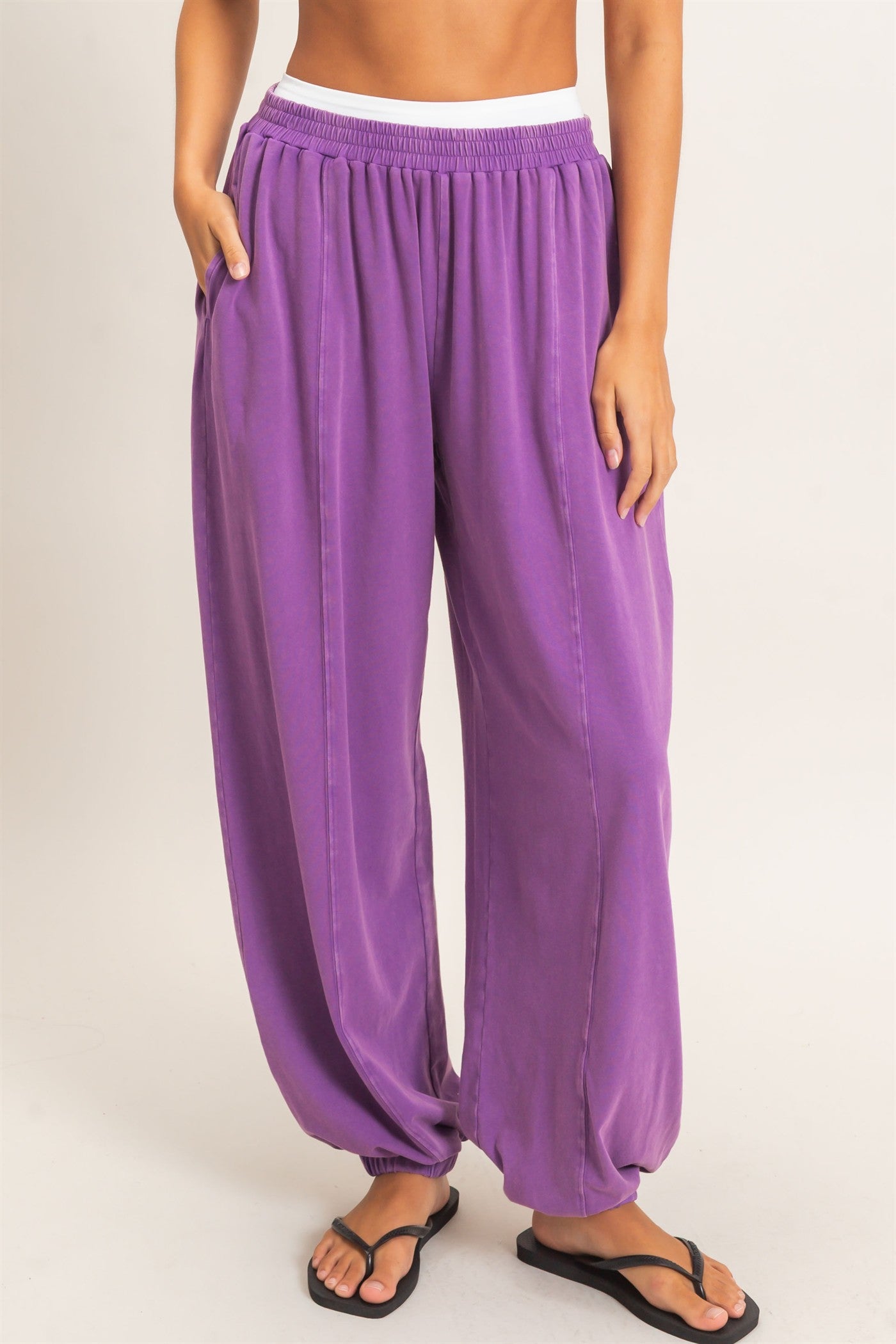 Wholesale Mineral Wash Elastic Waist Jogger Pants Joggers DZ26F405 PLUM DOUBLE ZERO