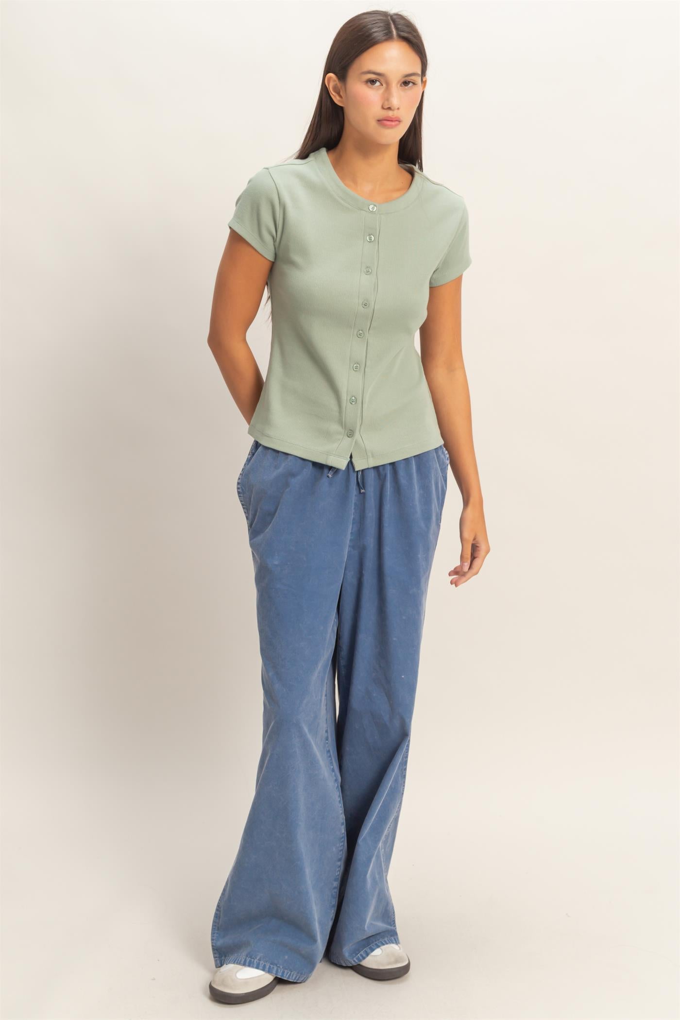 Wholesale Ribbed Button-Front Crew Neck Top Clothing Tops DZ26A727 SAGE GREEN DOUBLE ZERO