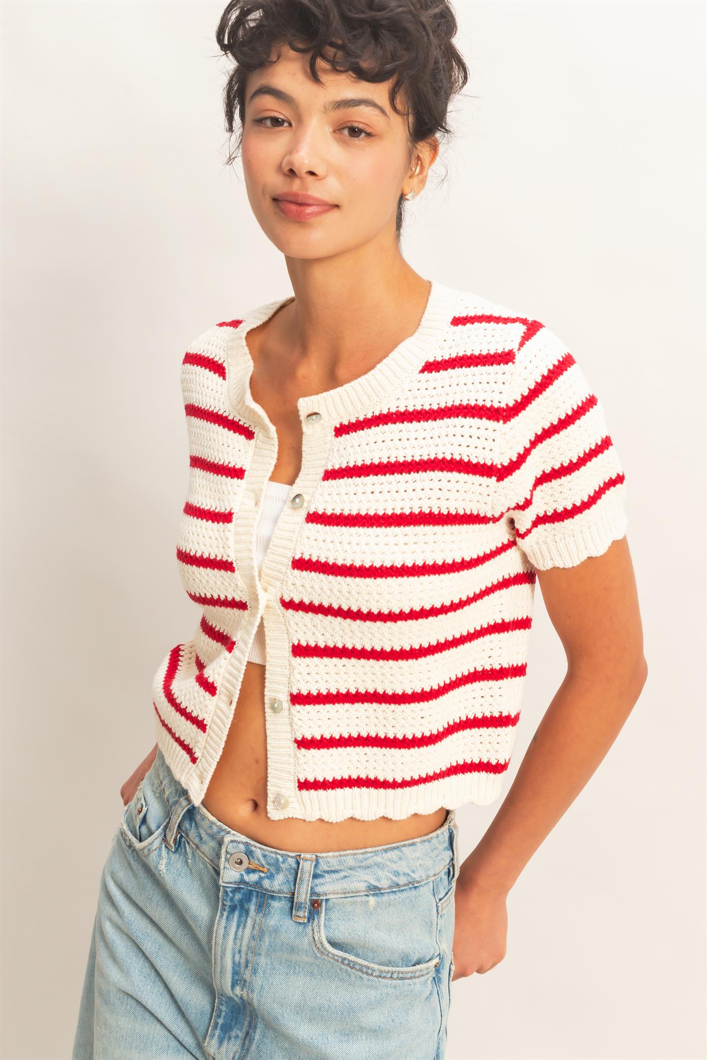 Wholesale Striped Short Sleeve Cardigan With Scallop Edge Cardigans DZ26A605 RED DOUBLE ZERO