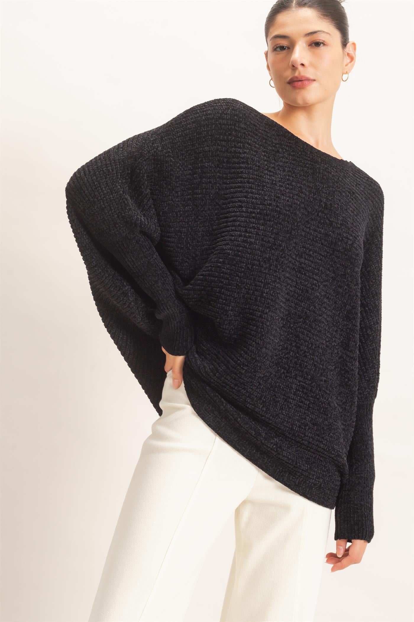 Wholesale Chenille Boat Neck Dolman Sleeve Sweater Sweaters HF26F185 BLACK HYFVE