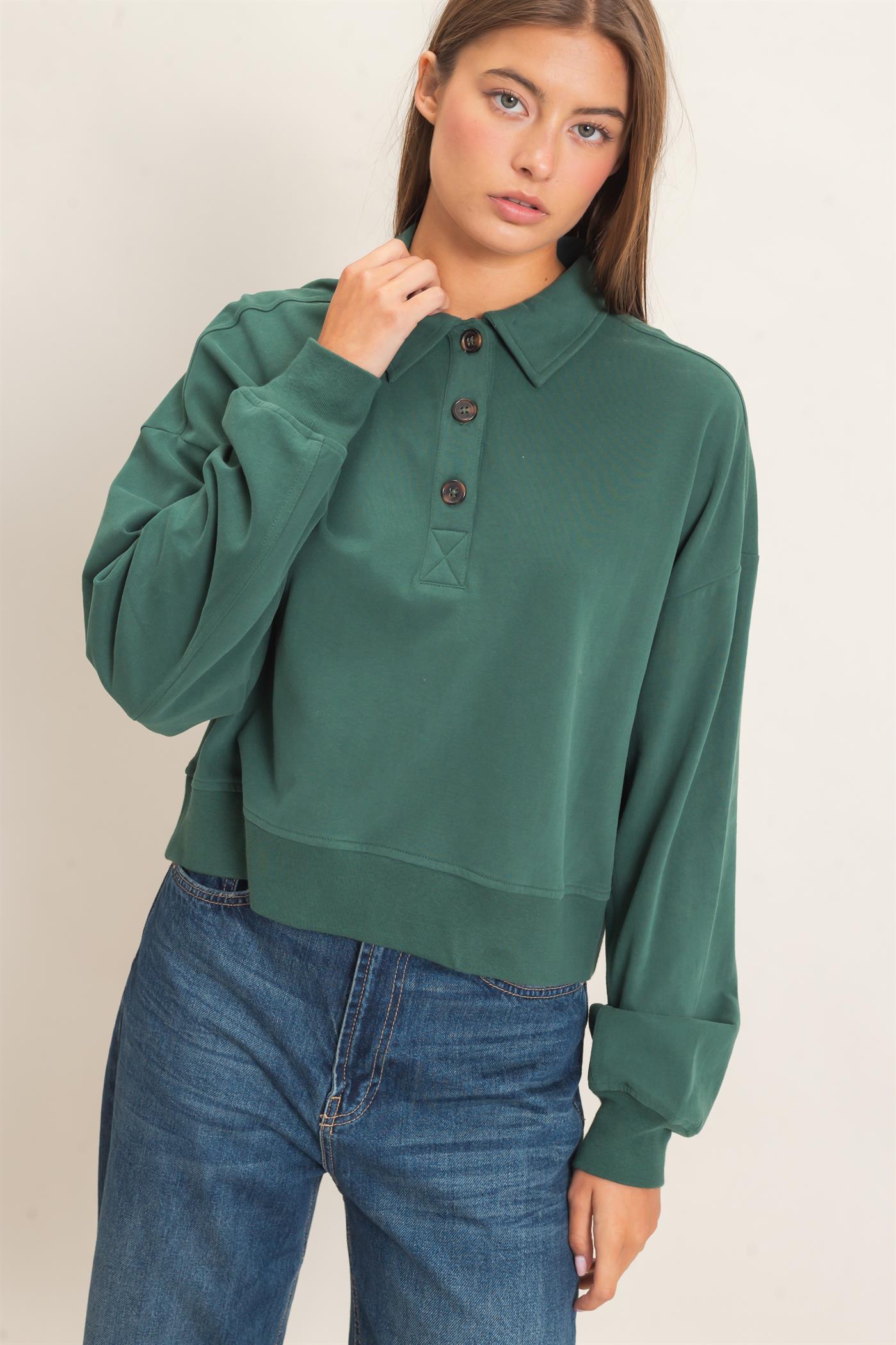 Wholesale Washed Button-Front Collared Sweatshirt Sweatshirts DZ26E390 DARK GREEN DOUBLE ZERO