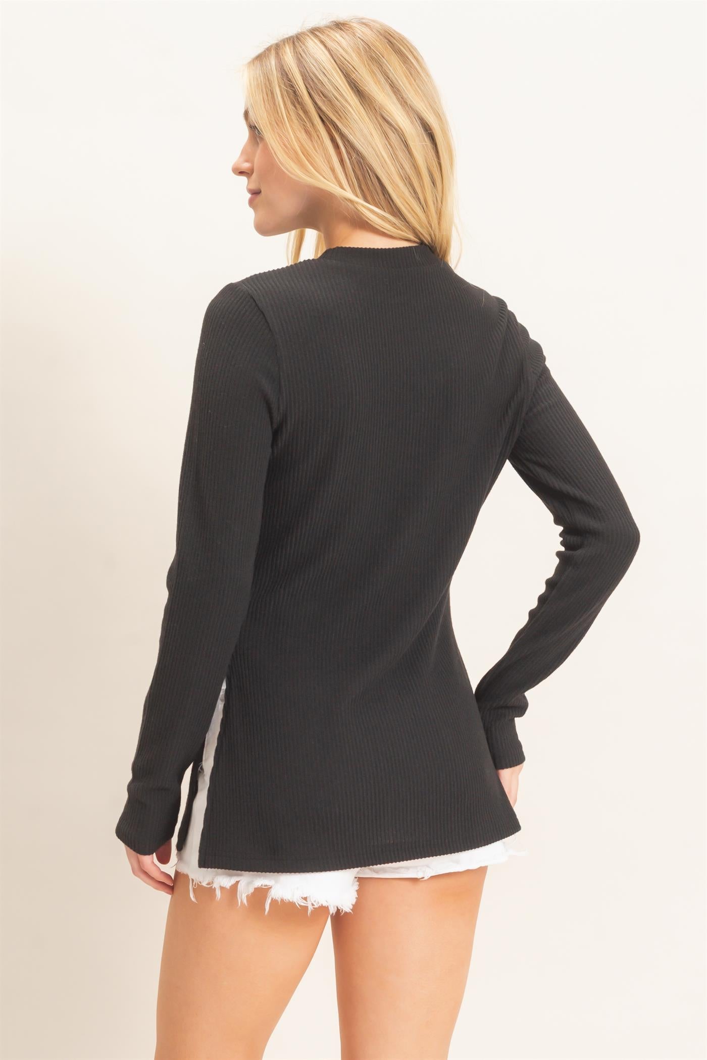 Wholesale Ribbed Crew Neck Sweater Clothing Tops HF26F034 BLACK HYFVE