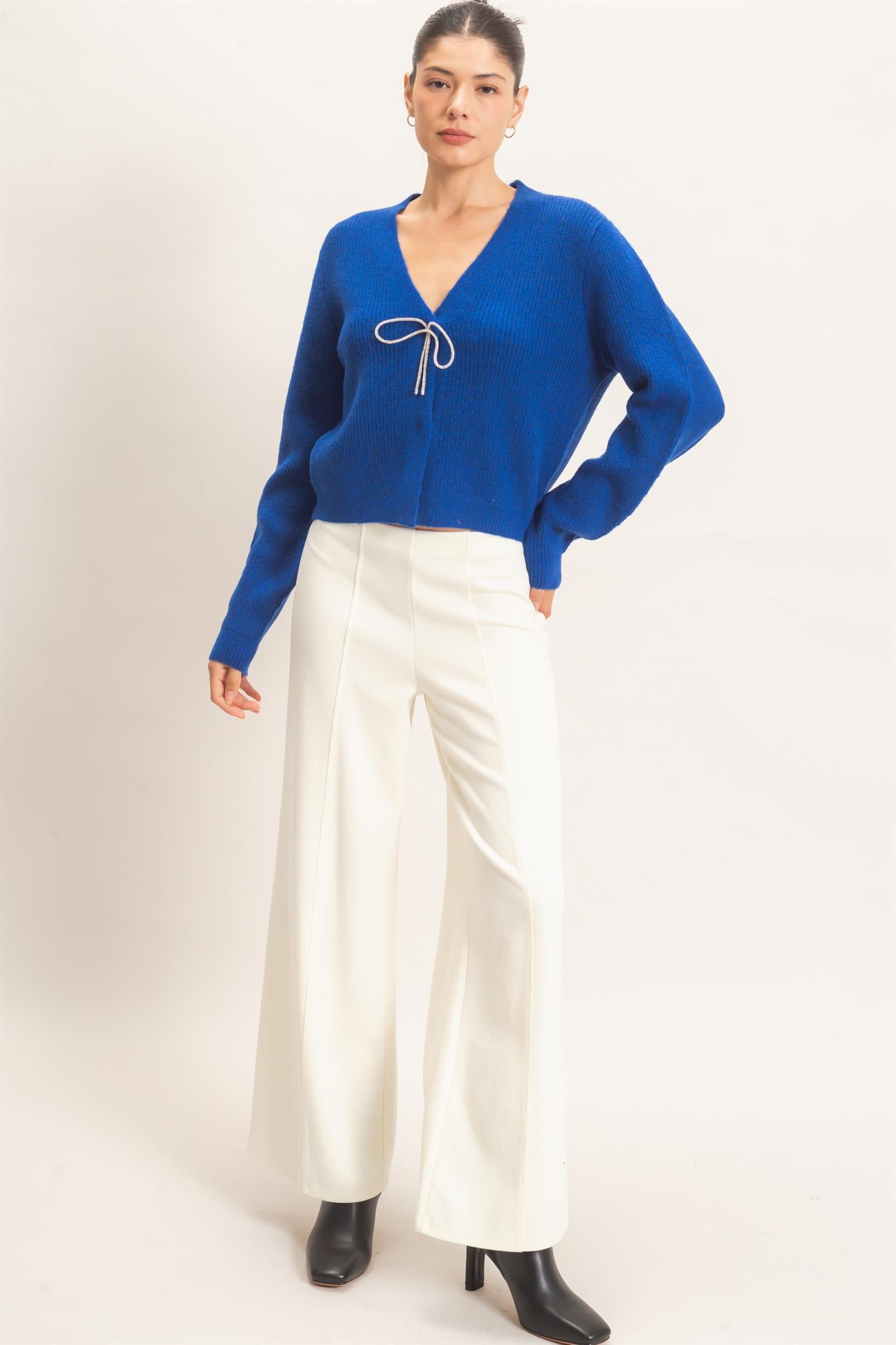 Wholesale Rhinestone Bow Tie-Front Sweater Cardigans HF26F183-D ROYAL BLUE HYFVE