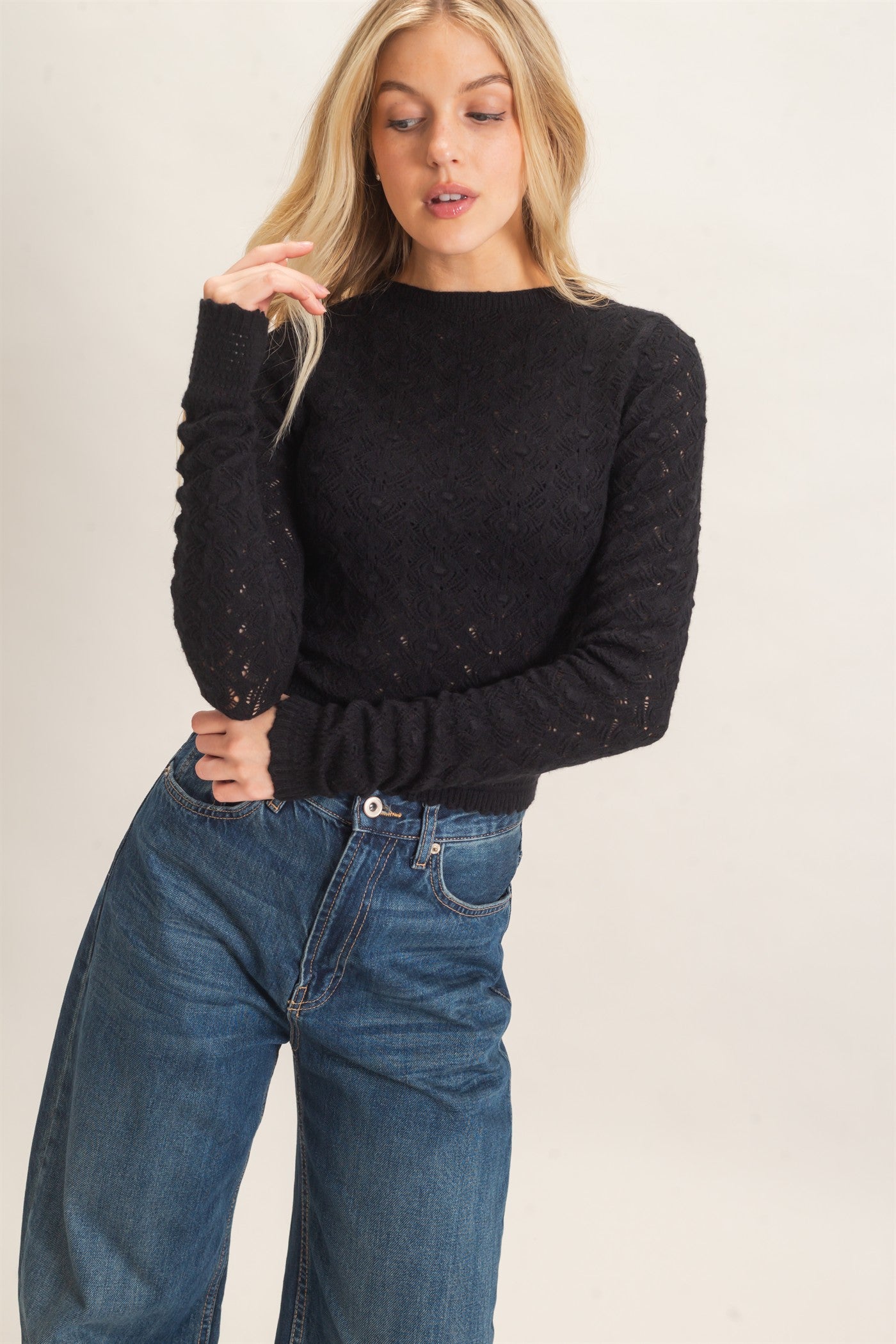 Wholesale Crochet Scalloped Hem Sweater Sweaters HF26F195 BLACK HYFVE