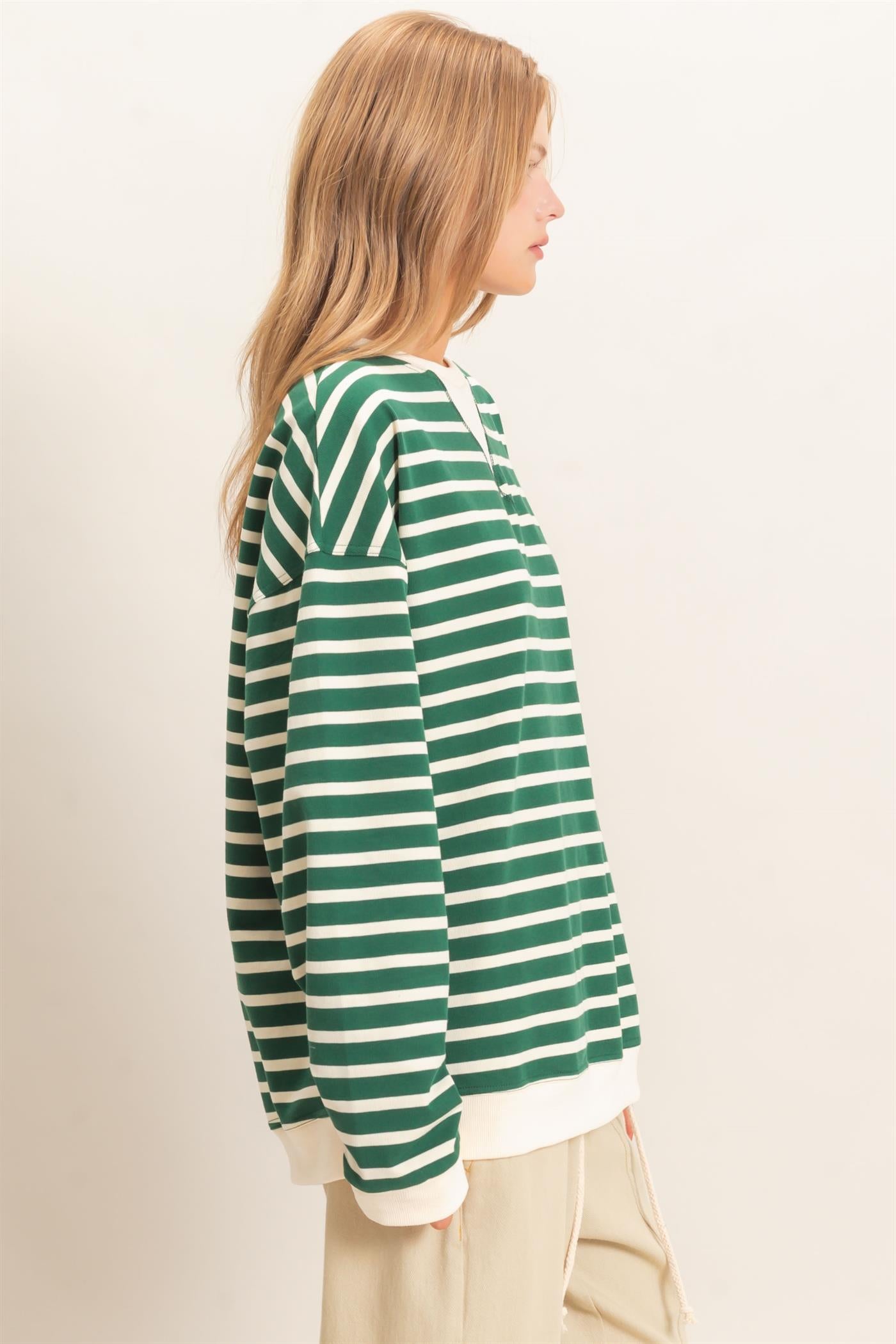 Wholesale Striped Long Sleeve Pullover Sweatshirts HF26F077 GREEN/CREAM HYFVE