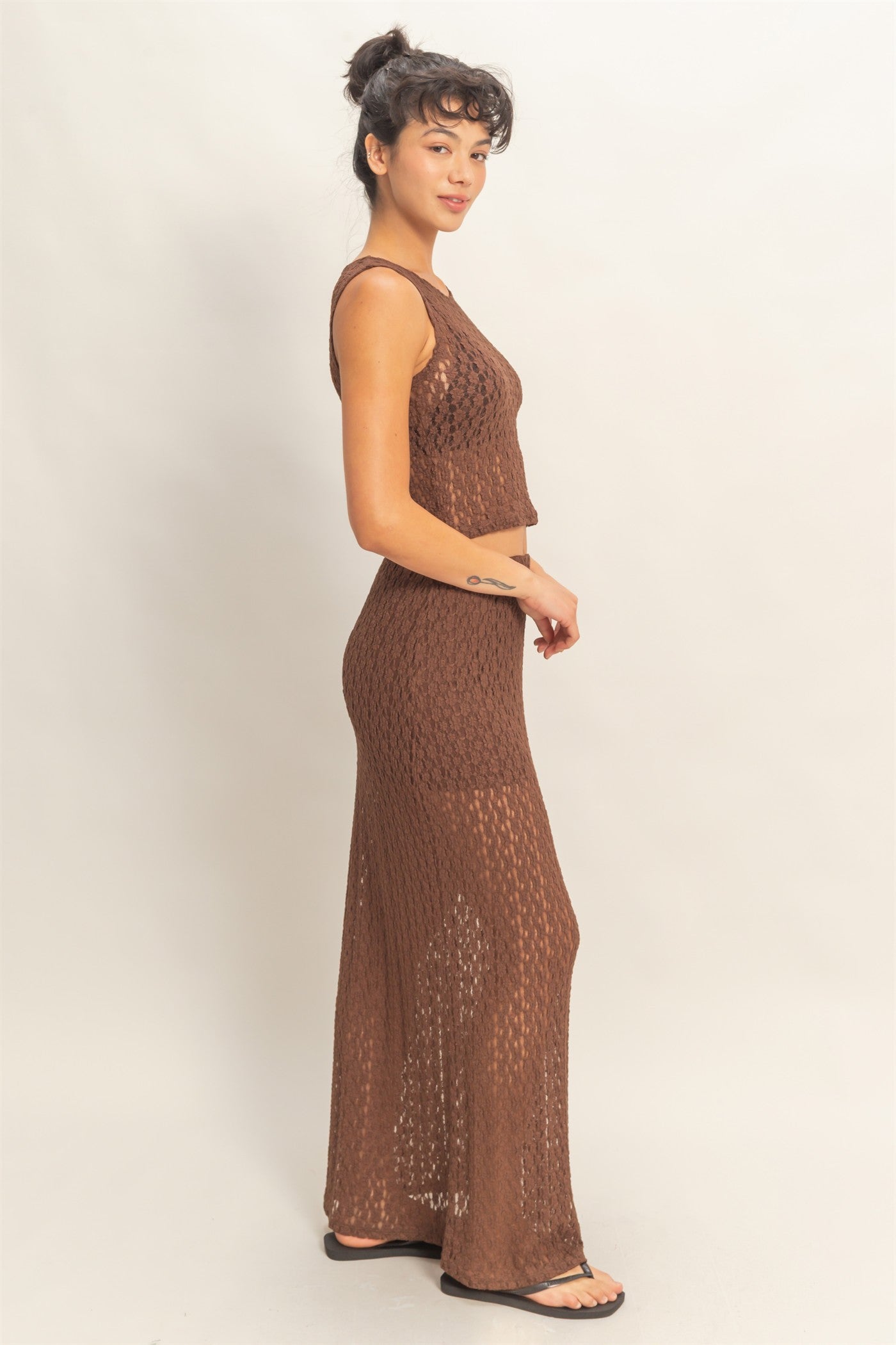 Wholesale Round Neck Lace Top & Lace Maxi Skirt Set Clothing DZ26C670-SET CHOCOLATE DOUBLE ZERO
