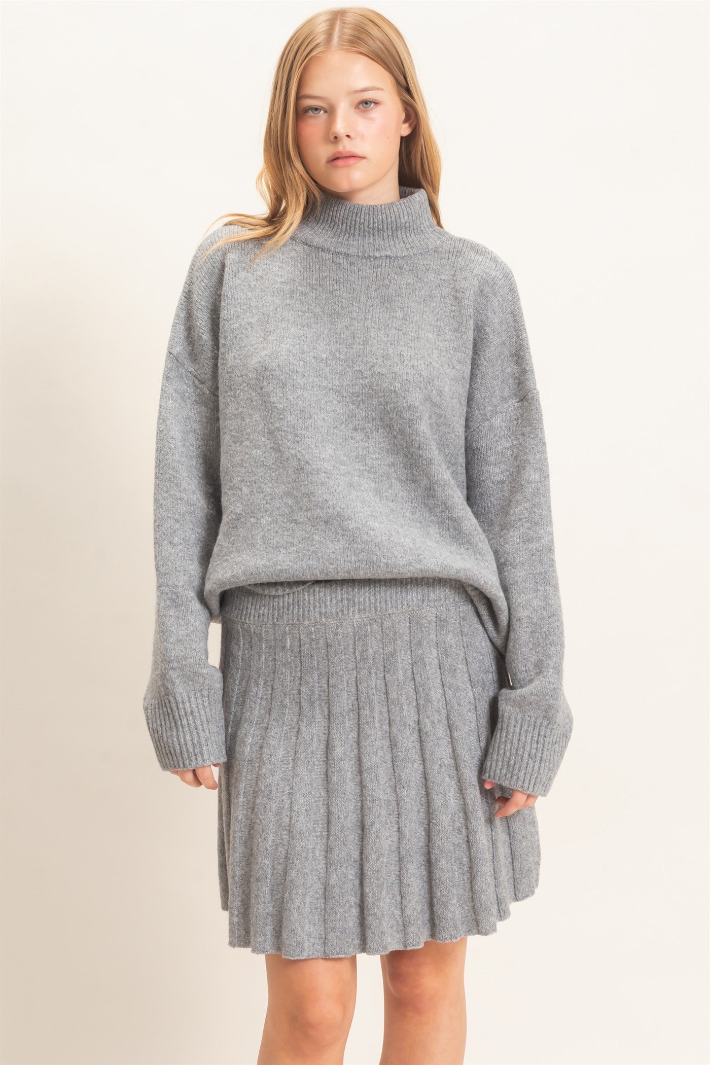 Wholesale Mock Neck Sweater And Pleated Skirt Set Clothing HF26F232-SET H.GRAY HYFVE