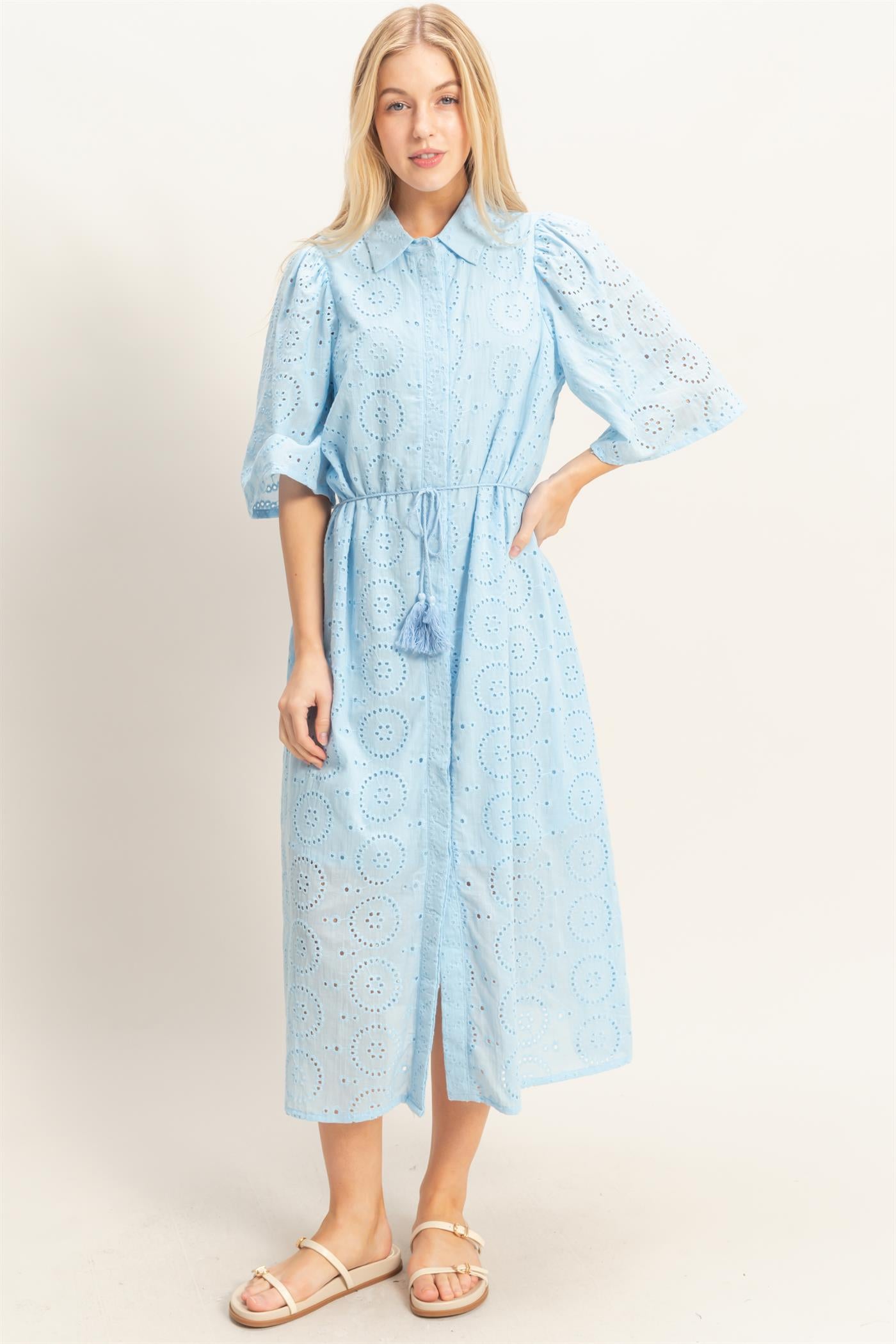 Wholesale Eyelet Collared Midi Dress Dresses HF26A021 L.BLUE HYFVE