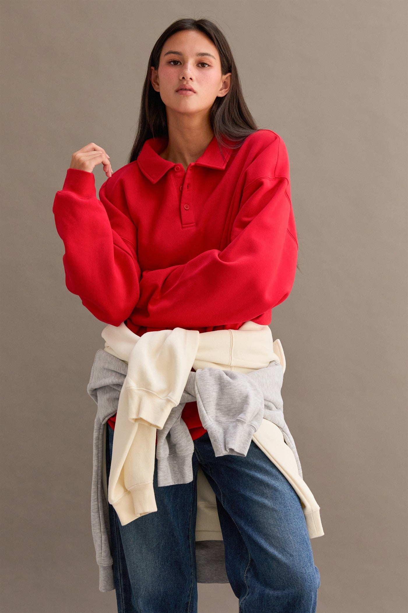 Wholesale Oversized Polo Collared Pullover Sweatshirts DZ25F074 RED DOUBLE ZERO