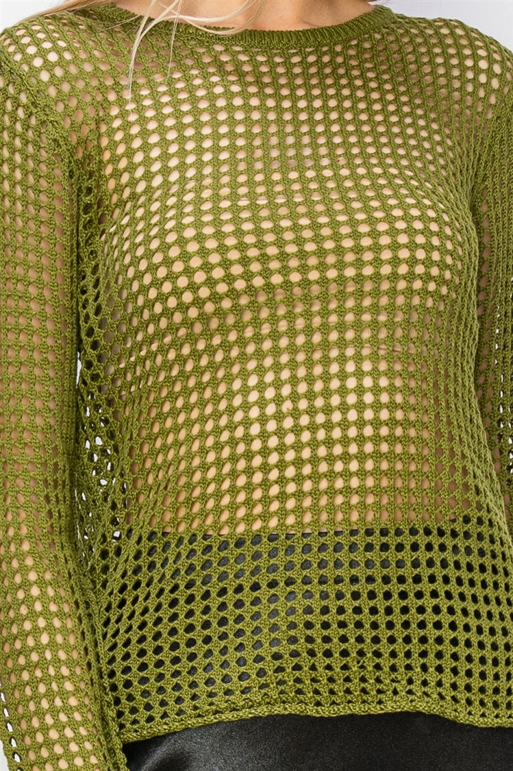 Wholesale Open Knit Long Sleeve Sweater Clothing Tops DZ24C031 MOSS DOUBLE ZERO