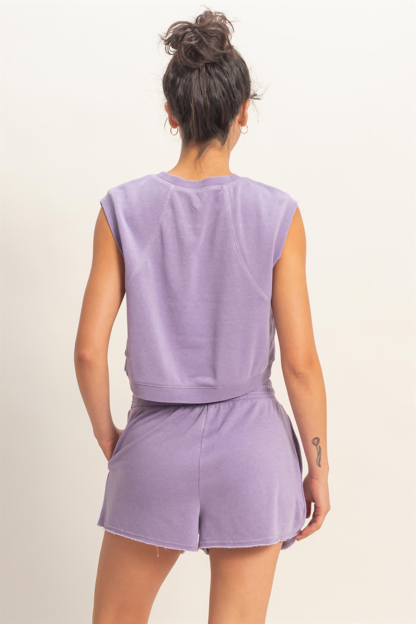 Wholesale Burnout French Terry Sleeveless Top & Shorts Set Clothing Tops DZ26A171-SET DUSTY PURPLE DOUBLE ZERO