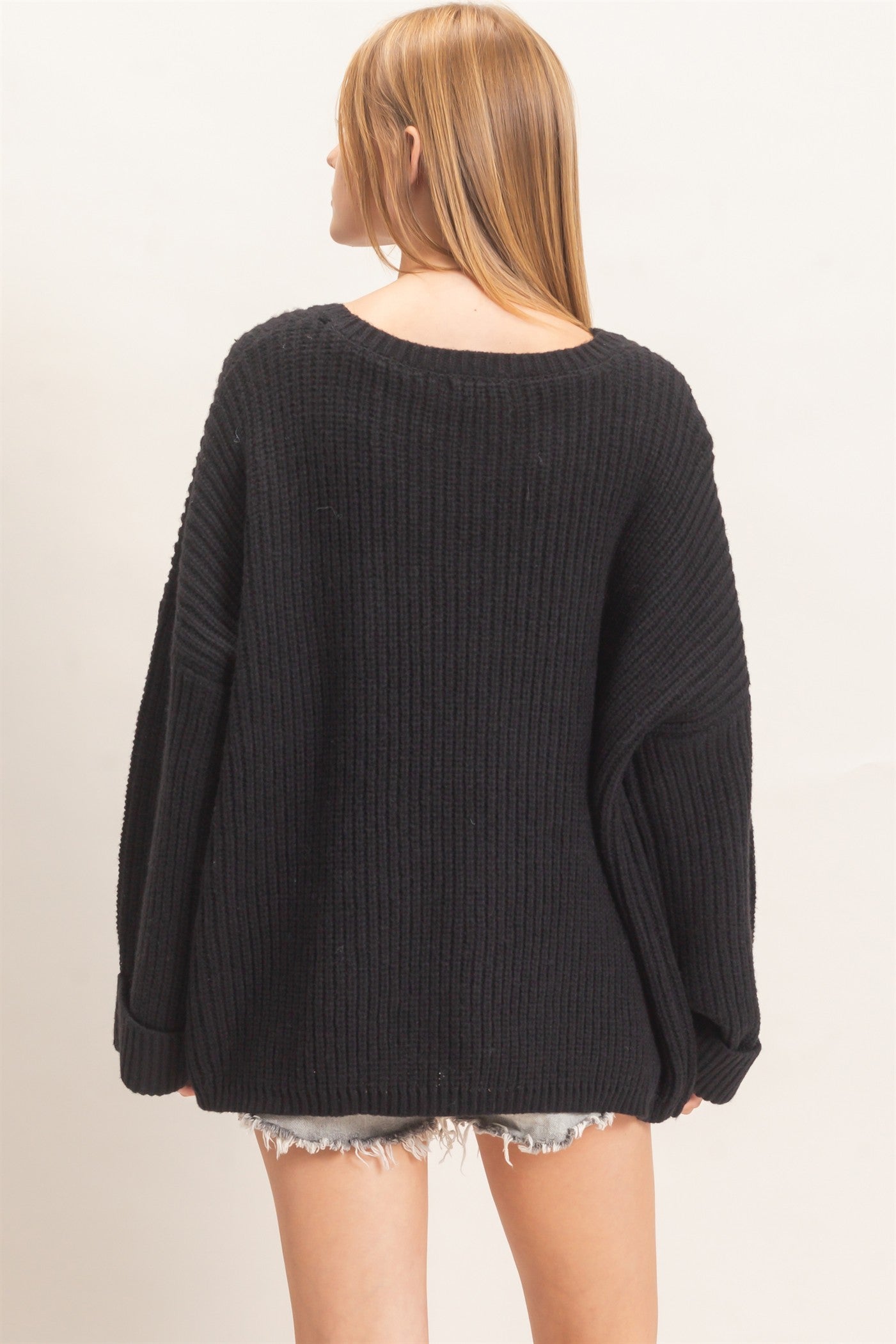 Wholesale Ribbed Knit Patch Pocket Sweater Sweaters HF26F177 BLACK HYFVE