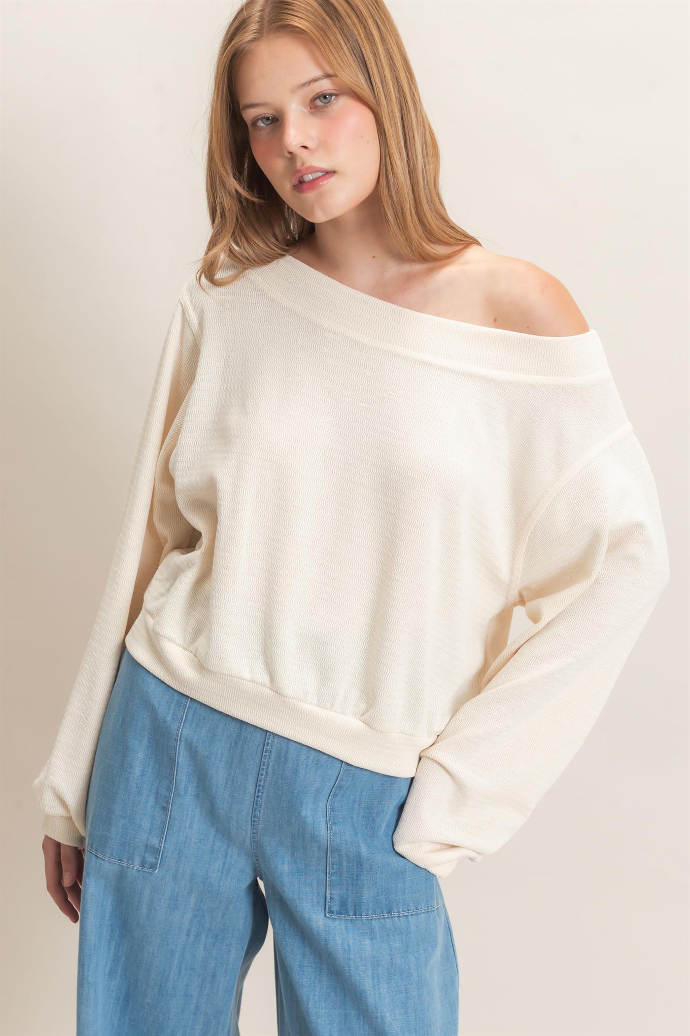 Wholesale Off Shoulder Knit Sweatshirt Blouses HF26F028 CREAM HYFVE