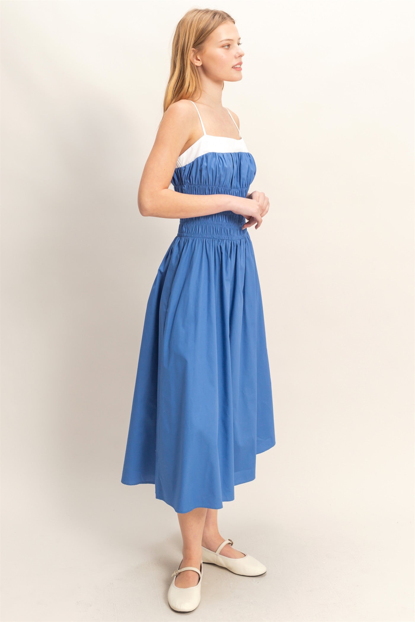 Wholesale Smocked Strapped Midi Dress Dresses HF26A624 BLUE HYFVE