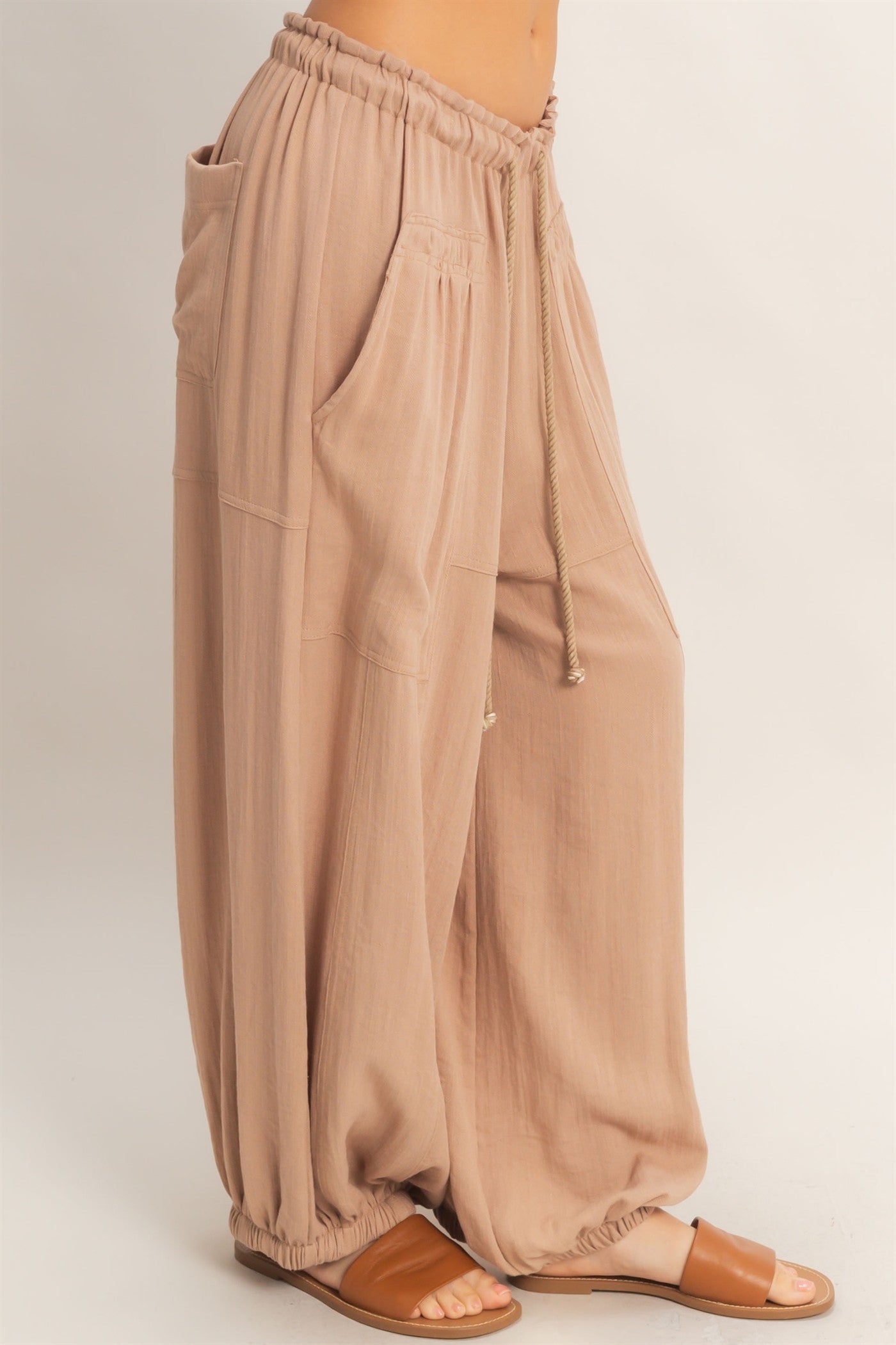 Wholesale Elastic Hem Drawstring Pants Pants HF26A905-D LIGHT BROWN HYFVE