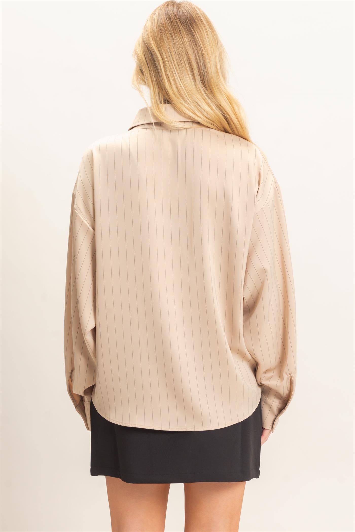 Wholesale Striped Button-Up Blouse Blouses HF26C953 LIGHT TAUPE HYFVE