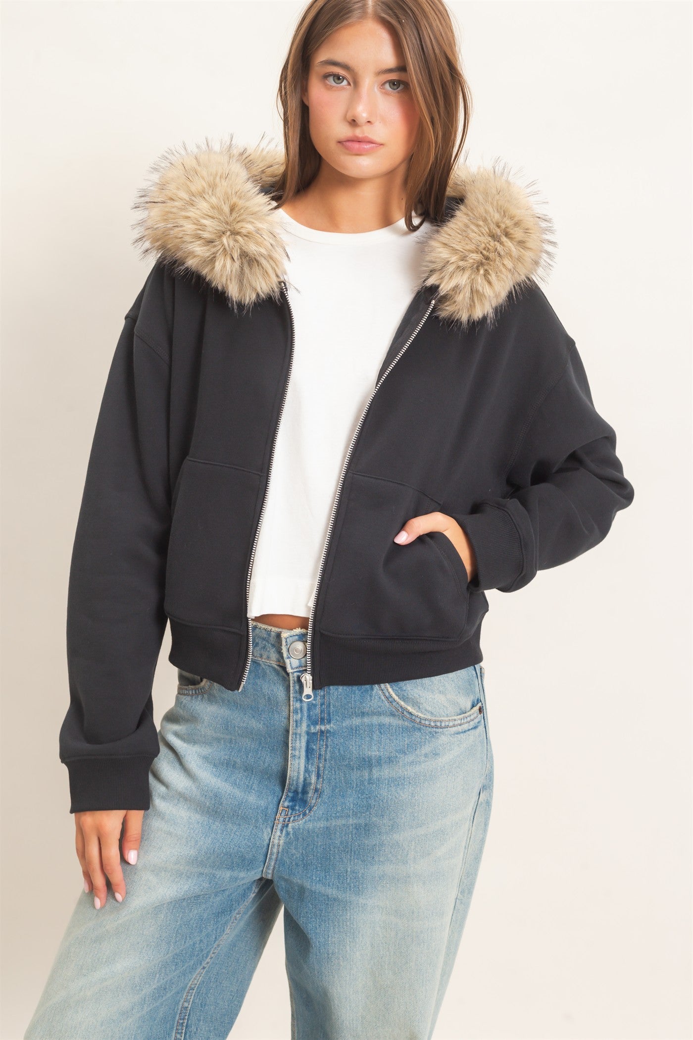 Wholesale Detachable Fur Zip Up Hoodie Hoodies DZ26F396 BLACK DOUBLE ZERO