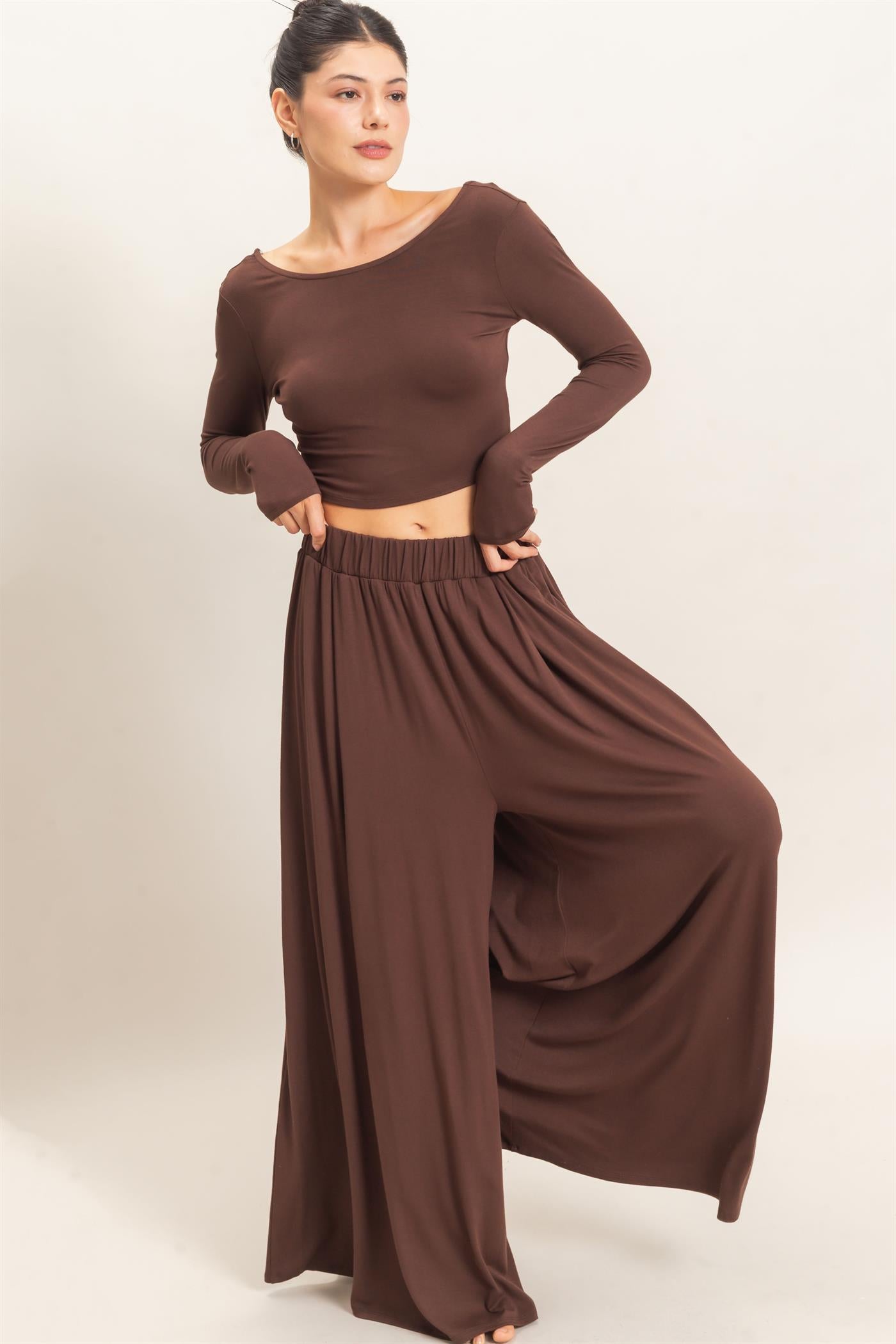 Wholesale Long Sleeve Top & Wide Leg Pants Set Clothing HF26F227-SET-D ESPRESSO HYFVE