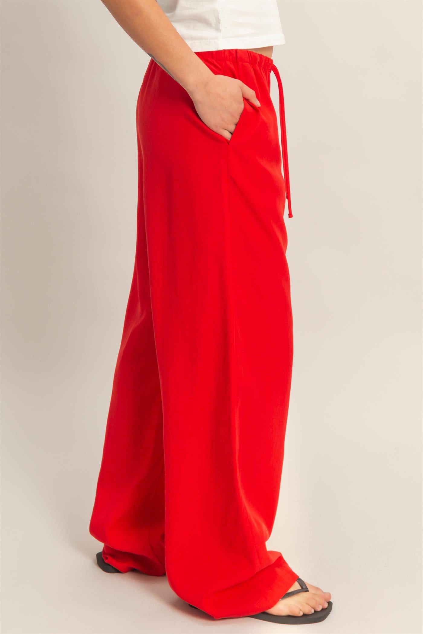 Wholesale Lyocell Linen Elastic Waist Straight Leg Pants Pants DZ26A979 RED DOUBLE ZERO