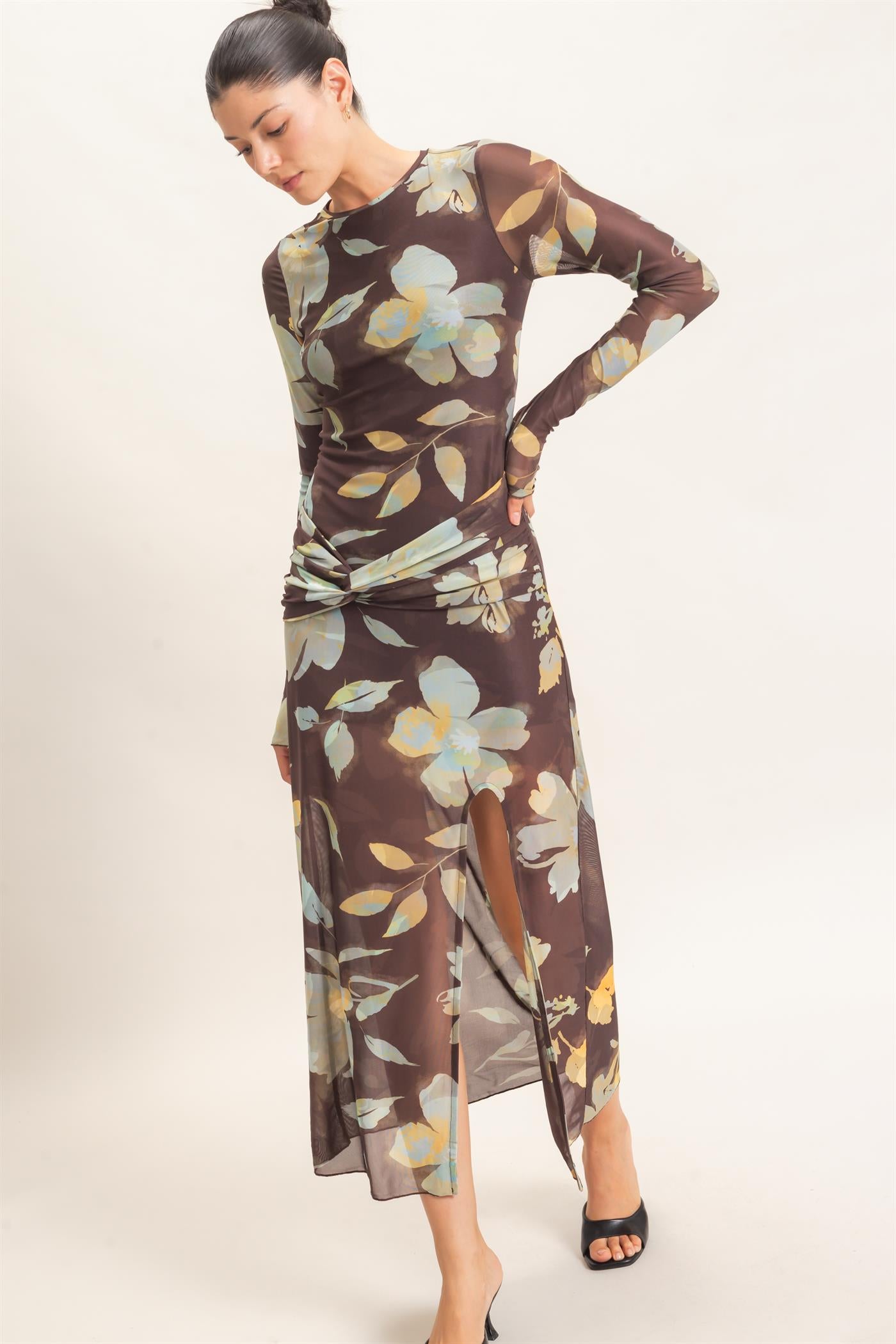 Wholesale Floral Mesh Knit Dress Dresses HF26E307 BROWN HYFVE