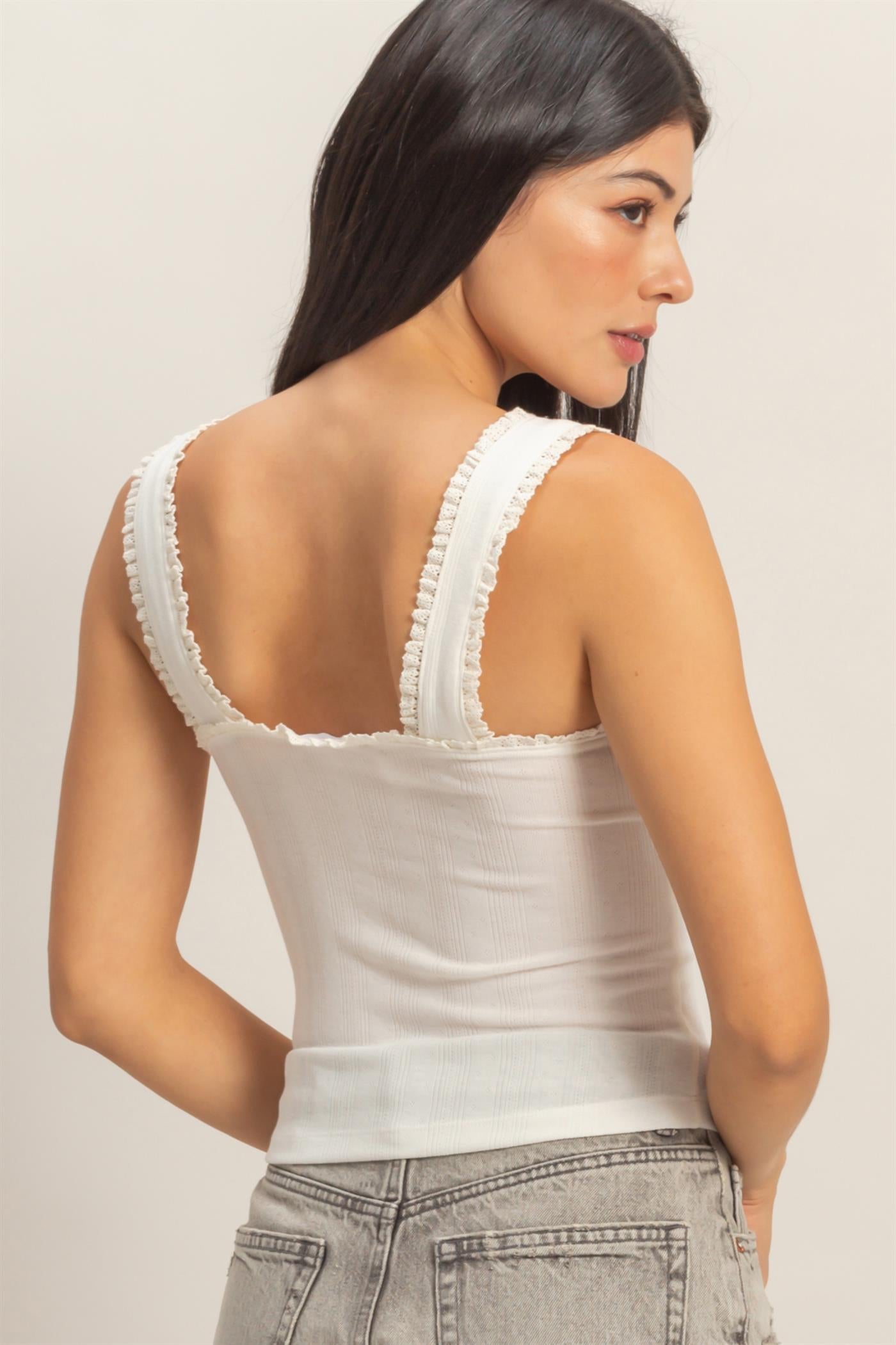 Wholesale Pointelle Shirred Trim Tank Top Clothing Tops DZ26A812 WHITE DOUBLE ZERO