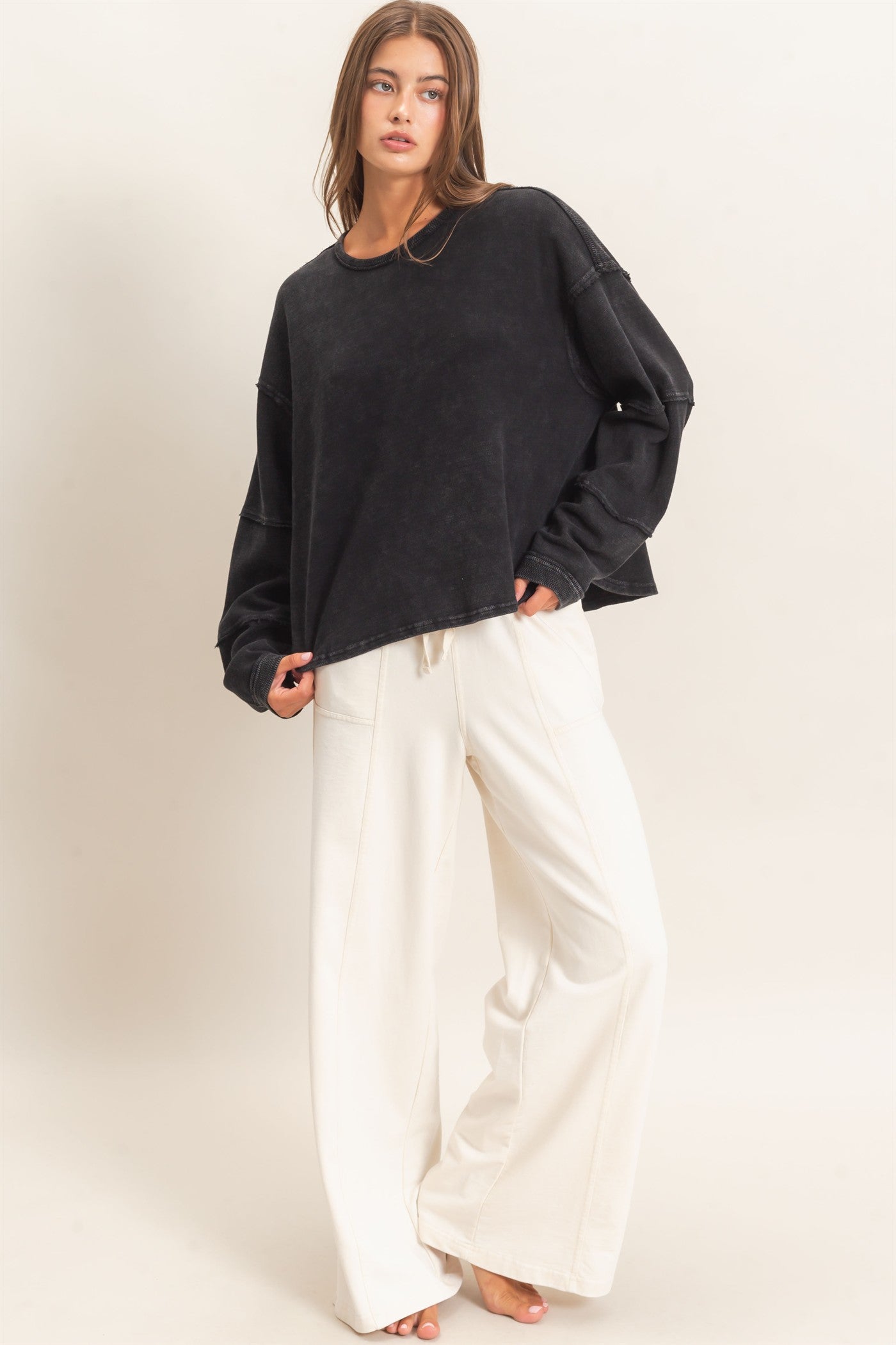 Wholesale Mineral Wash Overzised Raw Edge Crew Neck Top Clothing Tops DZ26E449 BLACK DOUBLE ZERO