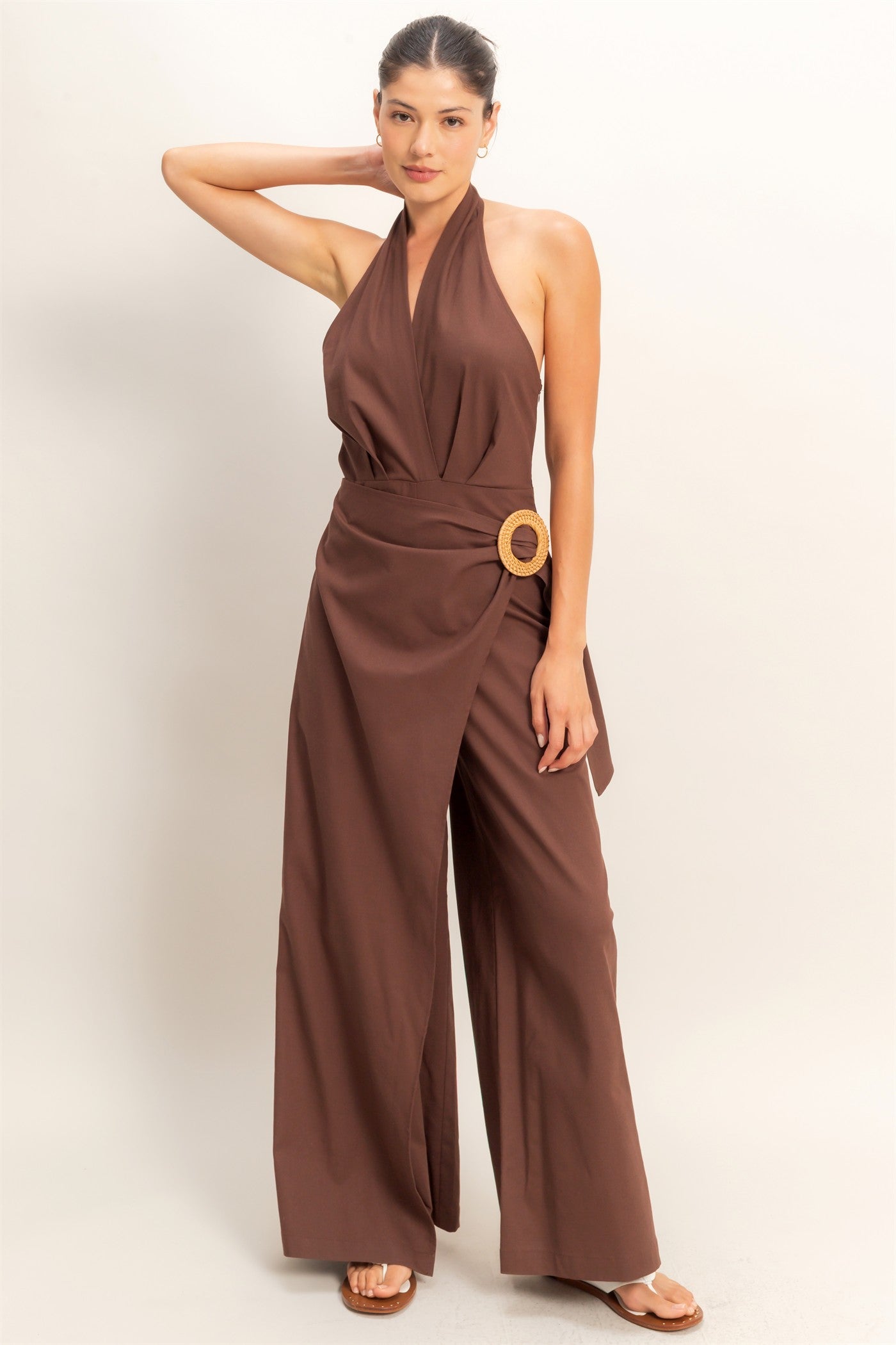 Wholesale Halter Wrap Jumpsuit Clothing HF26C374 DARK CHOCOLATE HYFVE