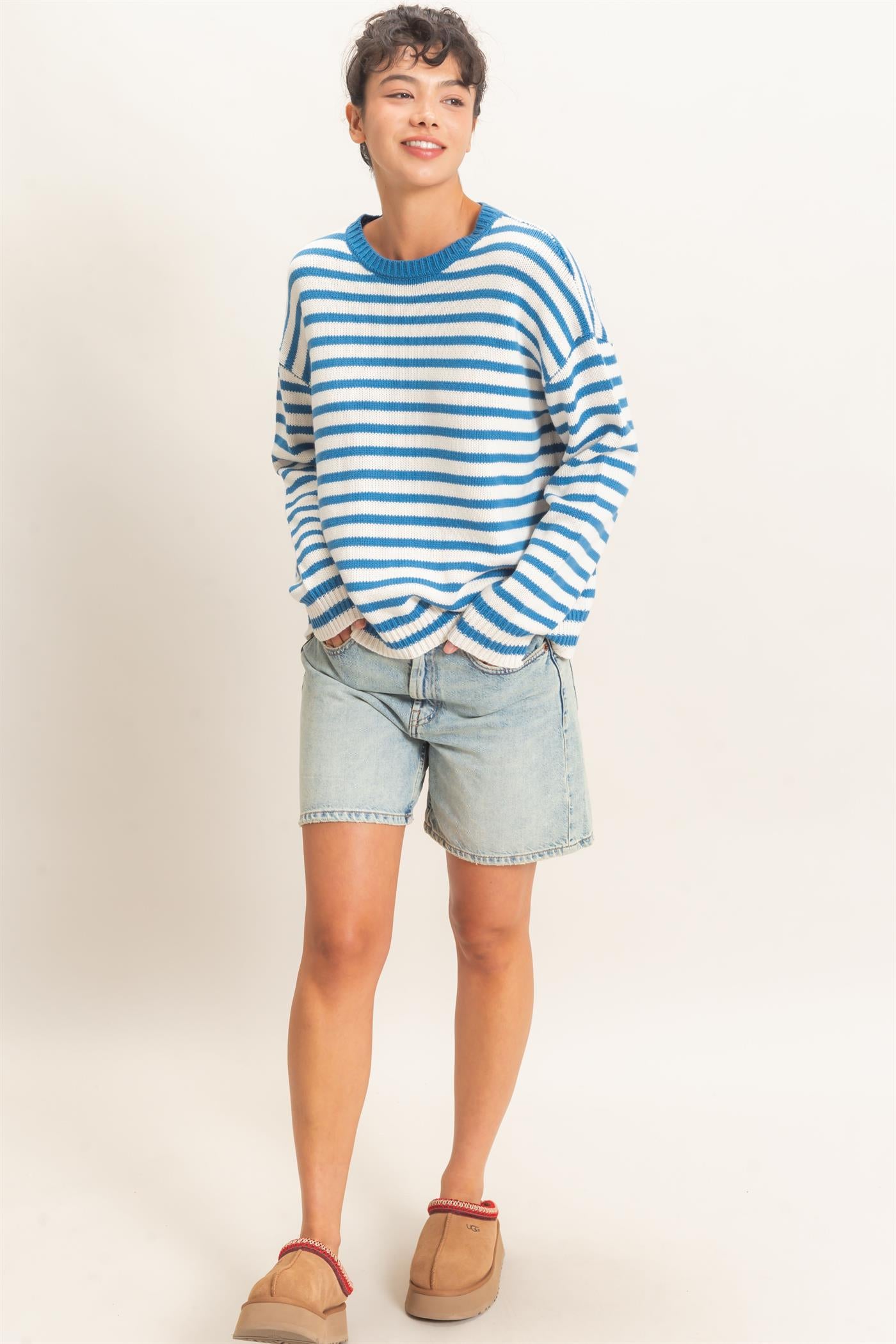 Wholesale Striped Crew Neck Sweater Sweaters DZ26E237 BLUE DOUBLE ZERO