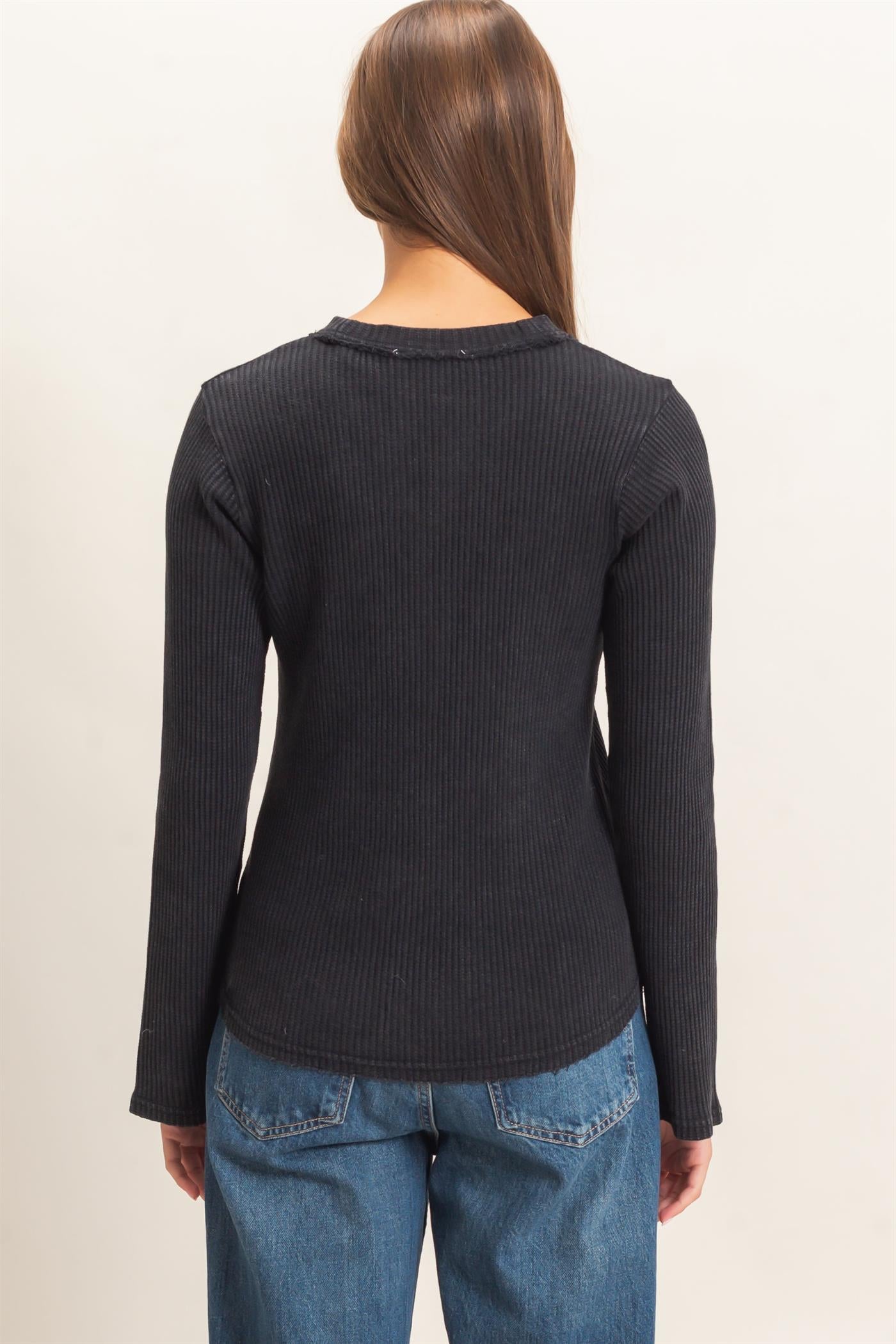 Wholesale Mineral Wash Waffle Henley Long Sleeve Top Clothing Tops DZ26E243 BLACK DOUBLE ZERO