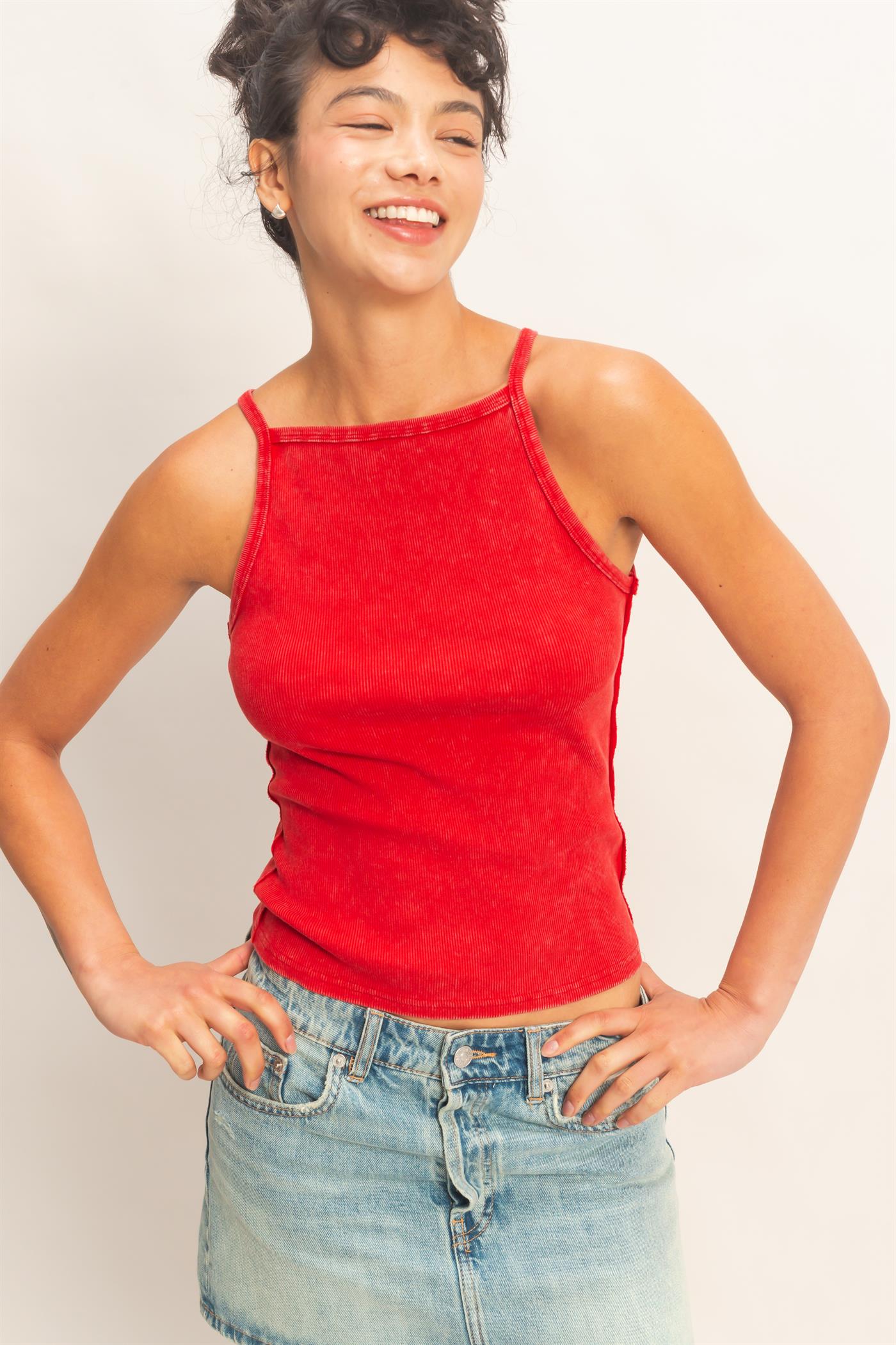 Wholesale Square Neck Acid Wash Tank Top Tank Tops DZ26C105 RED DOUBLE ZERO