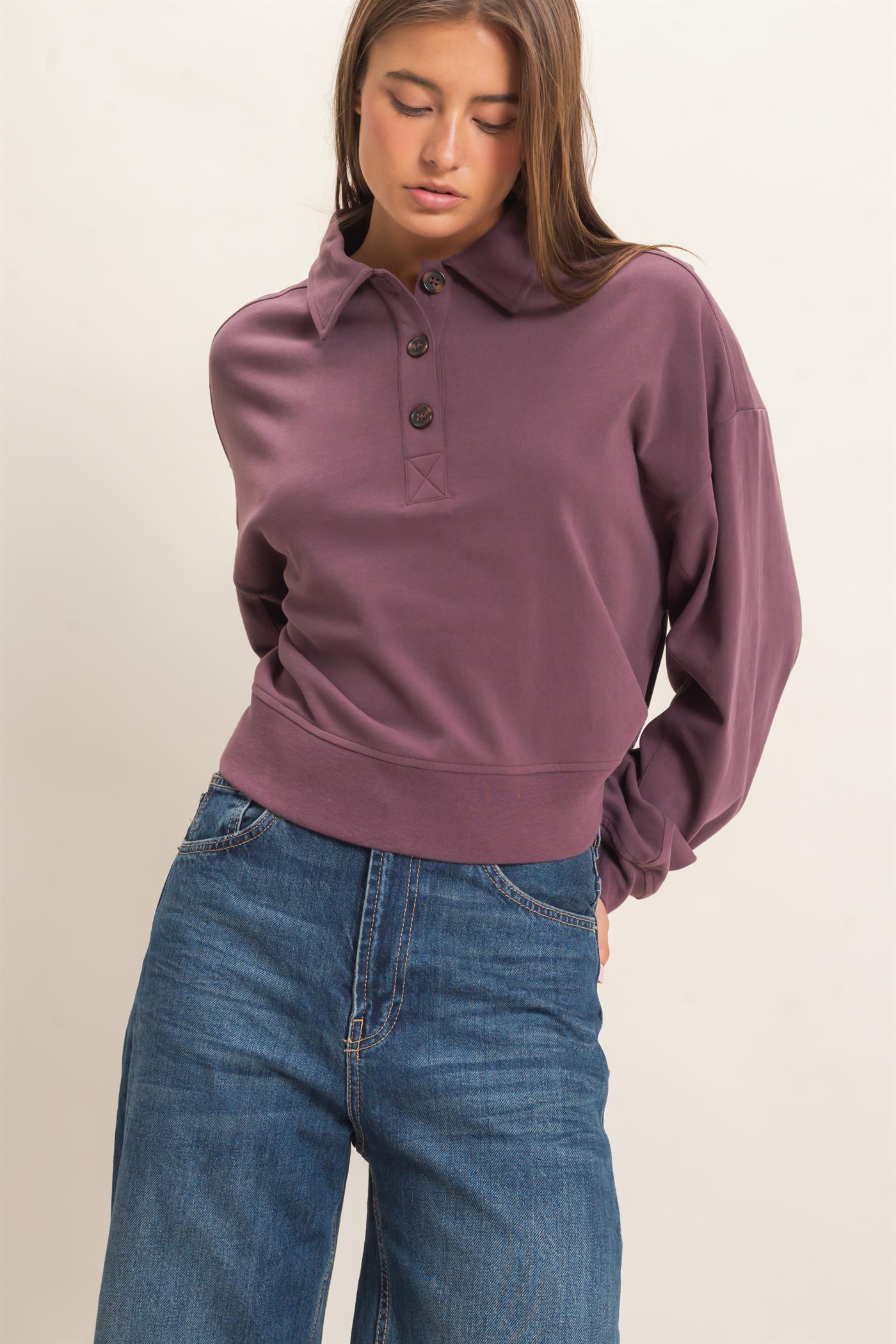 Wholesale Washed Button-Front Collared Sweatshirt Sweatshirts DZ26E390 COCOA DOUBLE ZERO