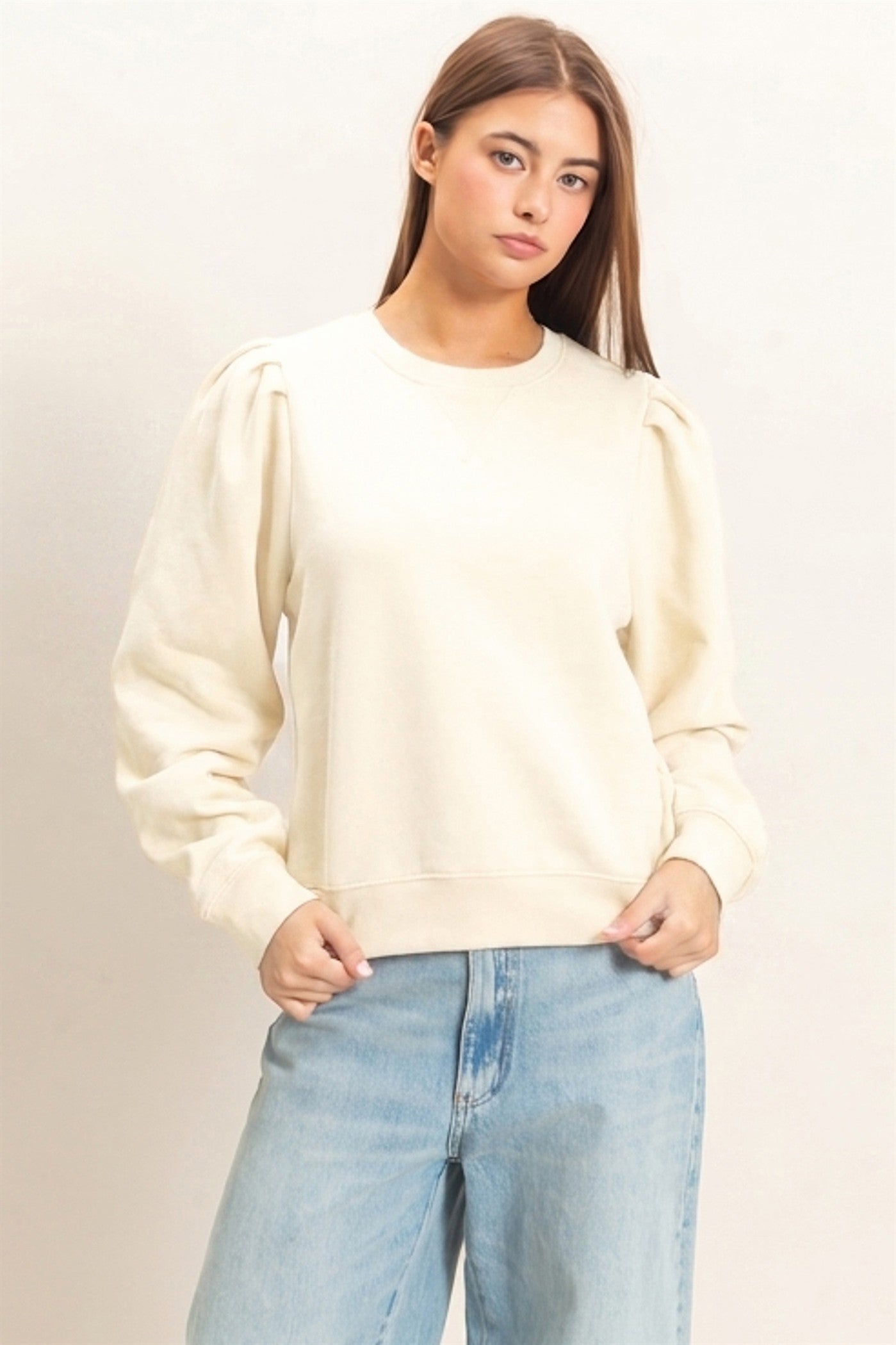 Wholesale Puff Sleeve Crew Neck Sweatshirt Sweatshirts DZ26E110 CREAM DOUBLE ZERO