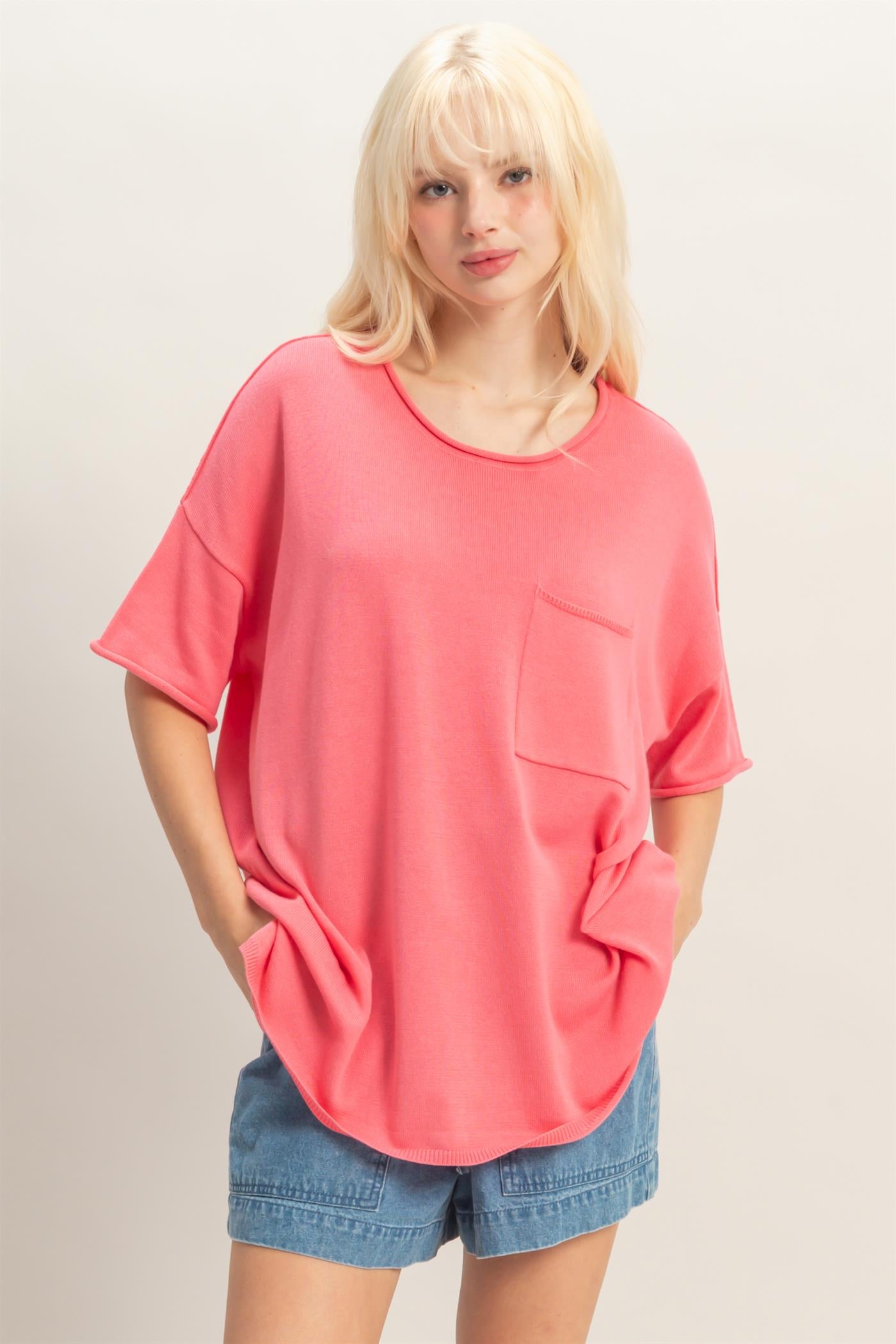 Wholesale Oversized Short Sleeve Round Neck Pocket Knit Top Clothing Tops DZ26A691 TAFFY PINK DOUBLE ZERO