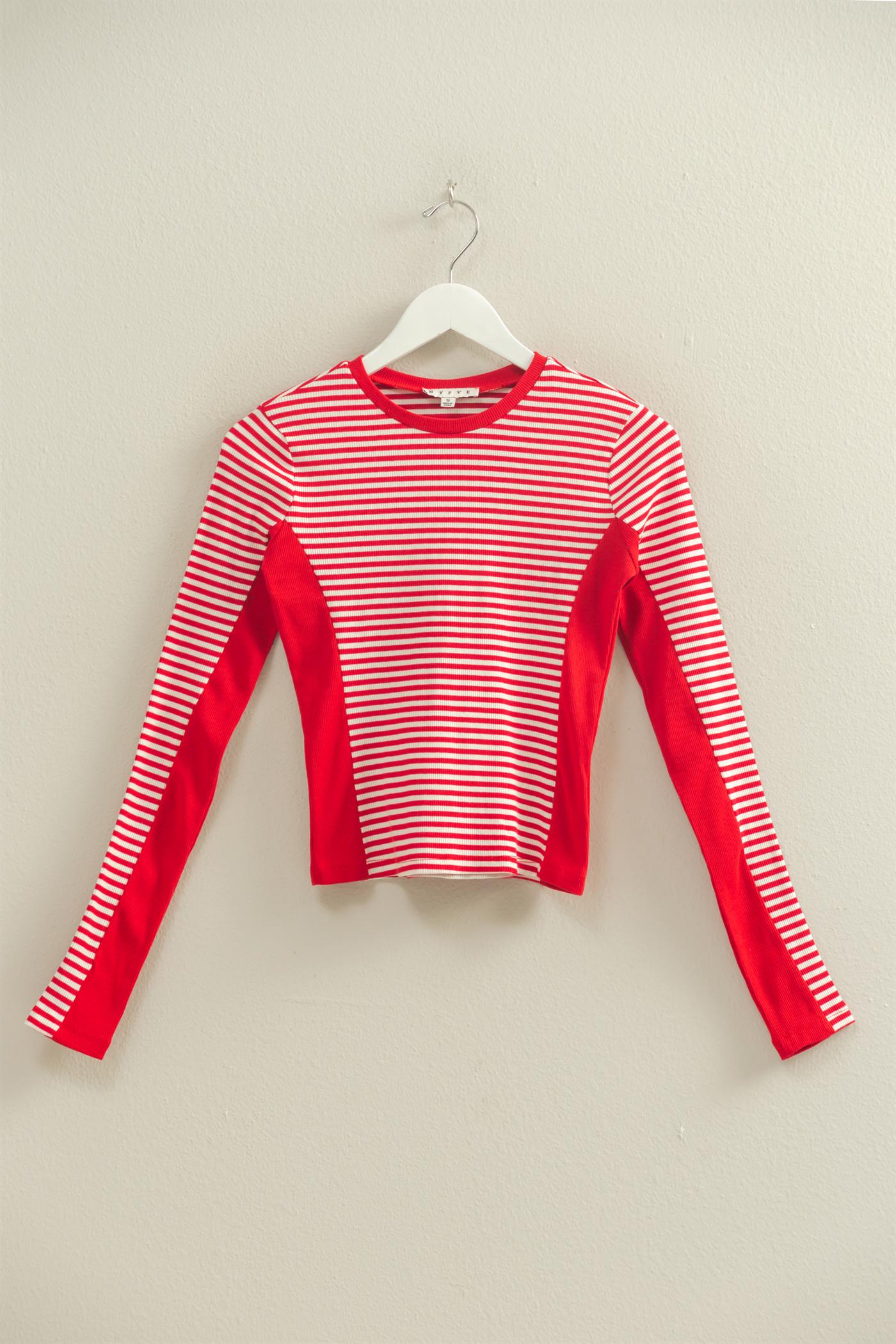 Wholesale Striped Long Sleeve Knit Top T-Shirts HF25F067 RED HYFVE