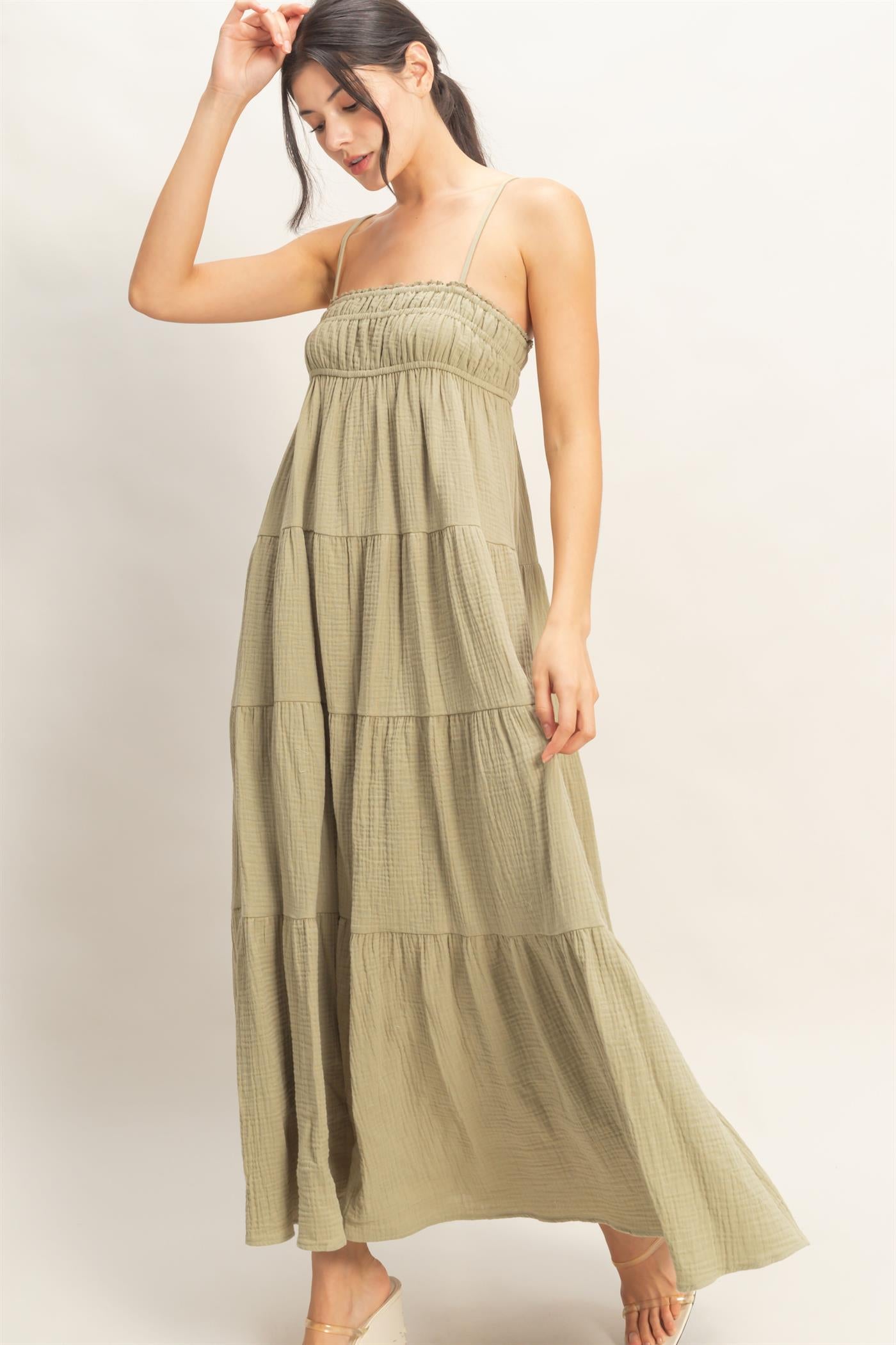 Wholesale Smocked Tiered Maxi Dress Dresses HF26C303 LIGHT OLIVE HYFVE