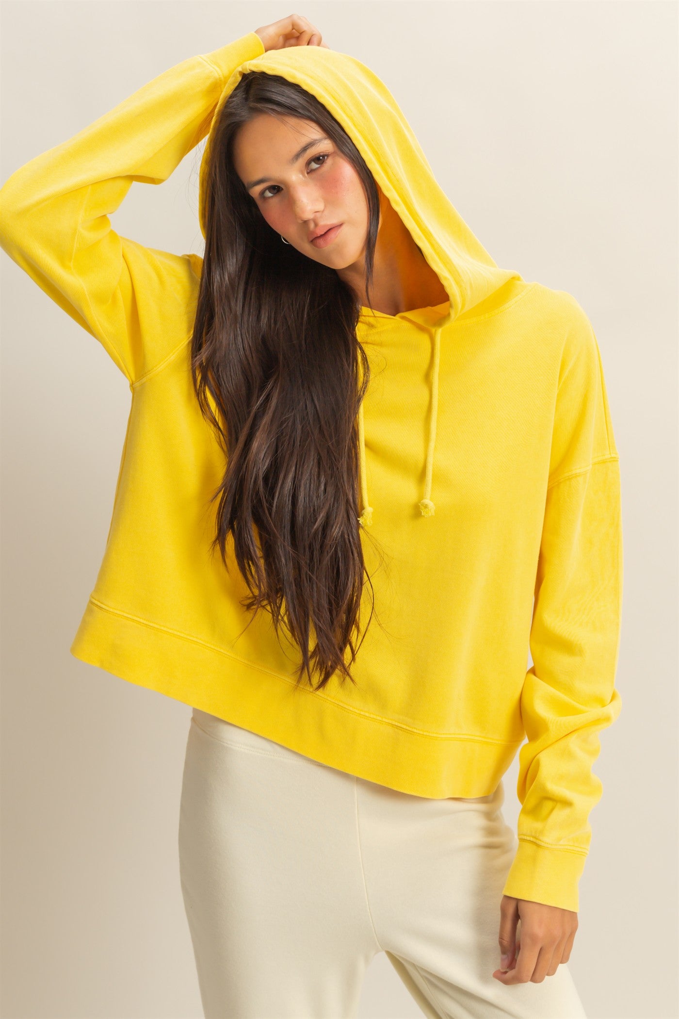 Wholesale Long Sleeve Drawstring Hoodie Clothing Tops DZ23E999 BANANA CREAM DOUBLE ZERO