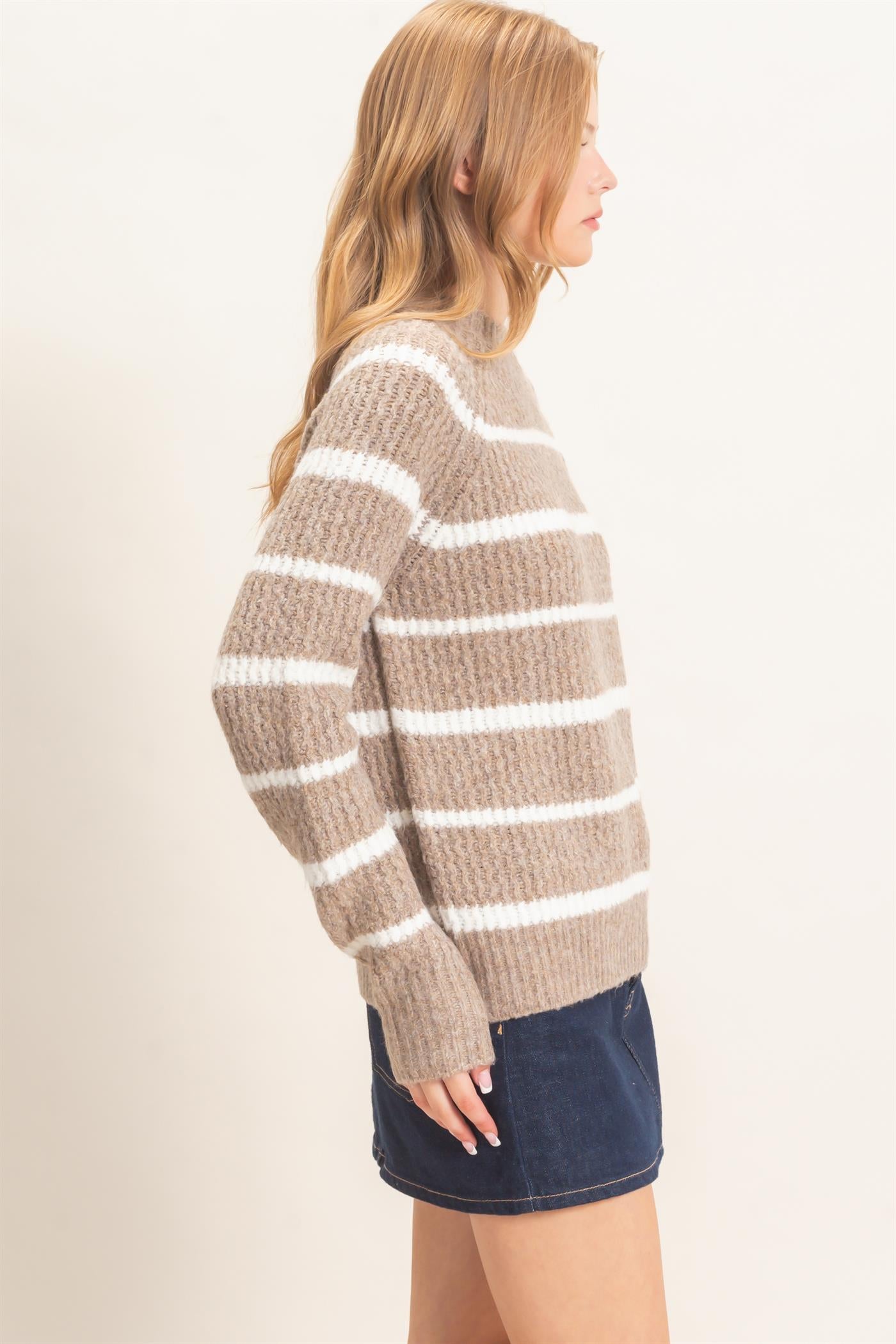 Wholesale Textured Striped Mock Neck Sweater Sweaters HF26E765 MOCHA HYFVE