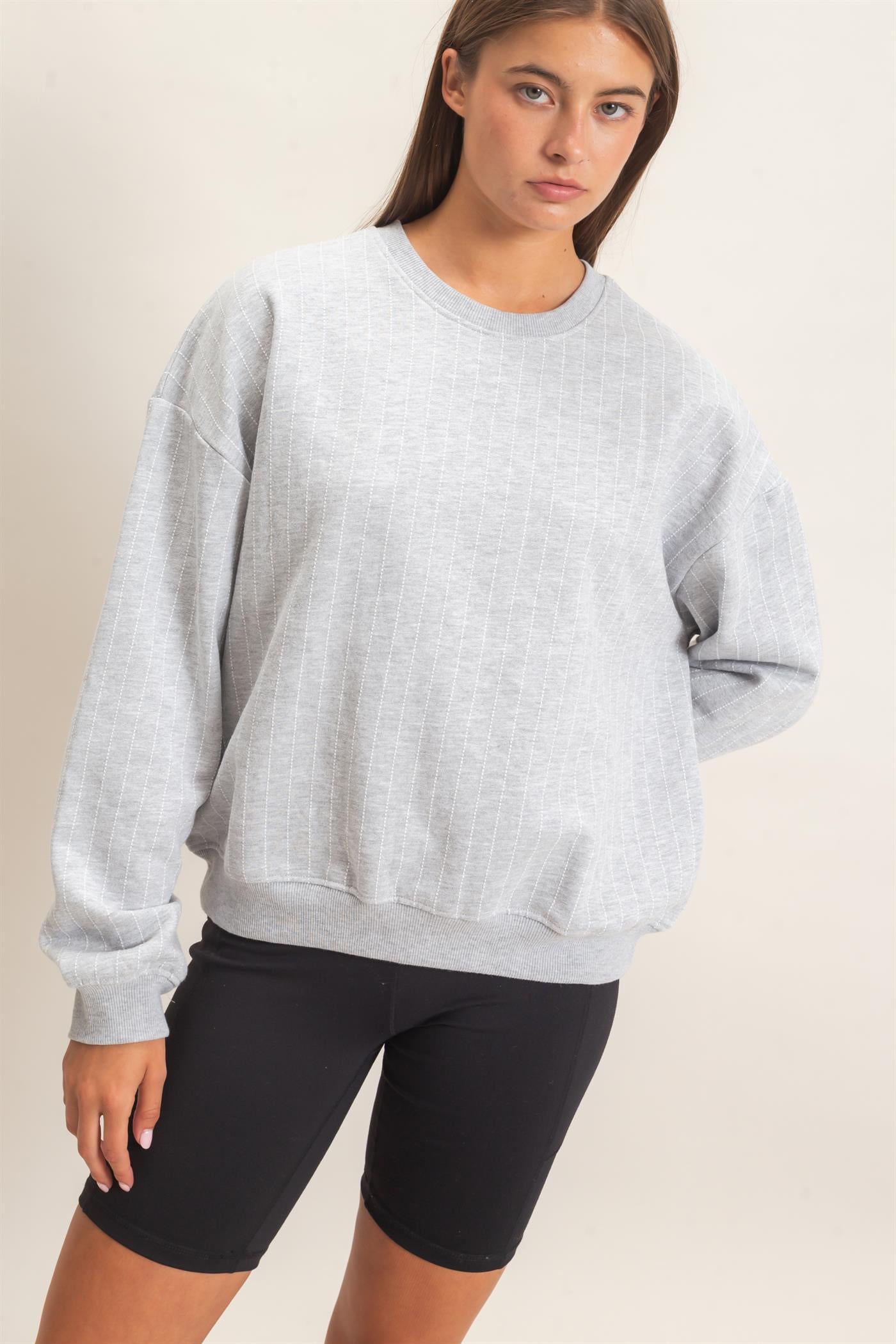 Wholesale Pinstripe Crew Neck Sweatshirt Sweatshirts DZ26E627 HEATHER GRAY DOUBLE ZERO